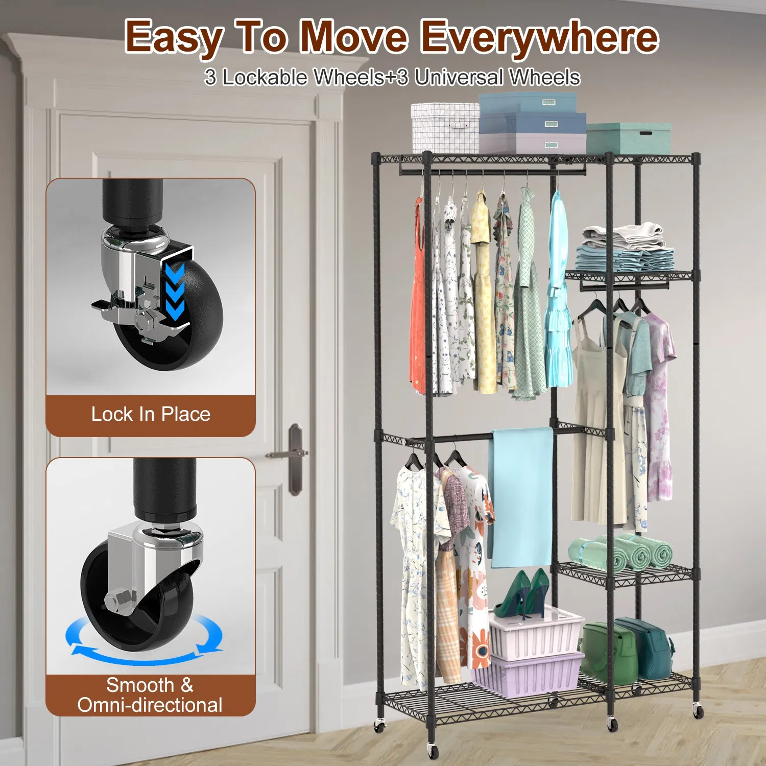 4 Tier Heavy Duty Garment Rack with Wheels Carbon Steel Clothing Rack Portable Wardrobe Clothes Rack with 3 Hanging Rods 6 Footrests 44.9x17.13x77.95in photo 5