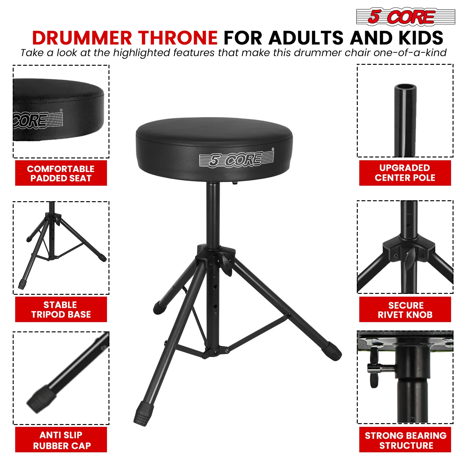 5 Core Drum Throne 3" Thick Padded Memory Foam Comfortable Drummer Stool 330Lb Capacity Adjustable photo 2