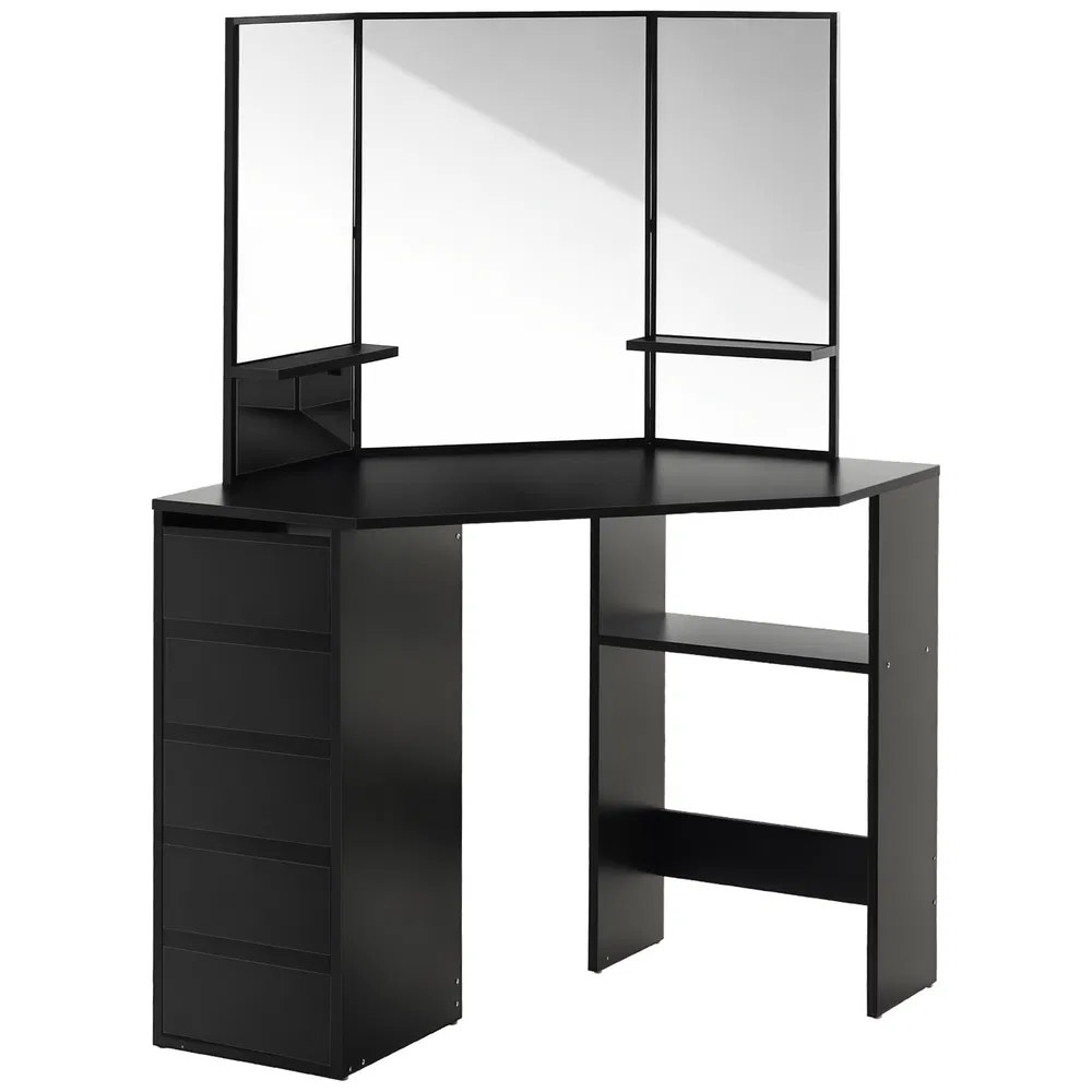 Corner Vanity Desk with Mirror, Makeup Vanity Table with 5 Drawers and Open Shelves, Dressing Table with 3-piece Mirror for Bedroom, Black photo 7