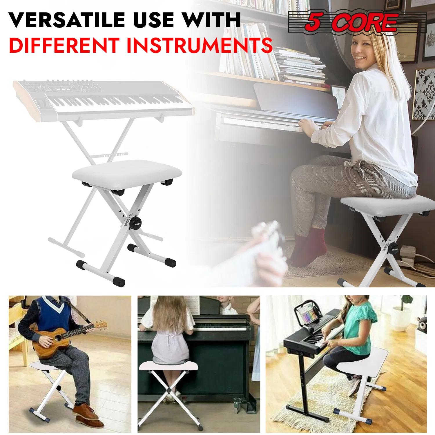 5 Core Keyboard Bench 2 Inch Padded Cushioned Piano Stool Height Adjustable 19" Guitar Seat Portable photo 6