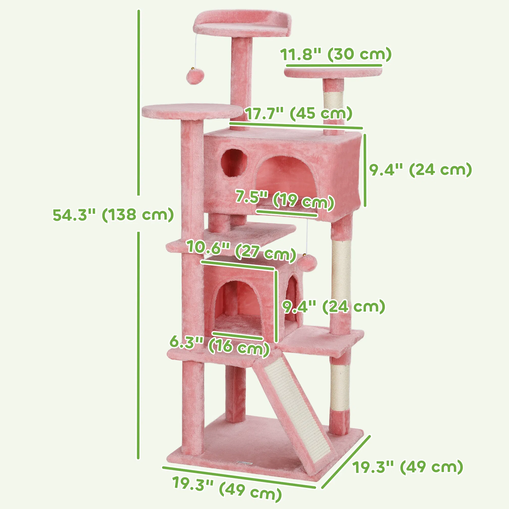 54" Cat Tree, Multi-Level Cat Tower with Scratching Posts, Cat Condos, Bed, Platforms, Ramp, Toy Ball, Pink photo 6