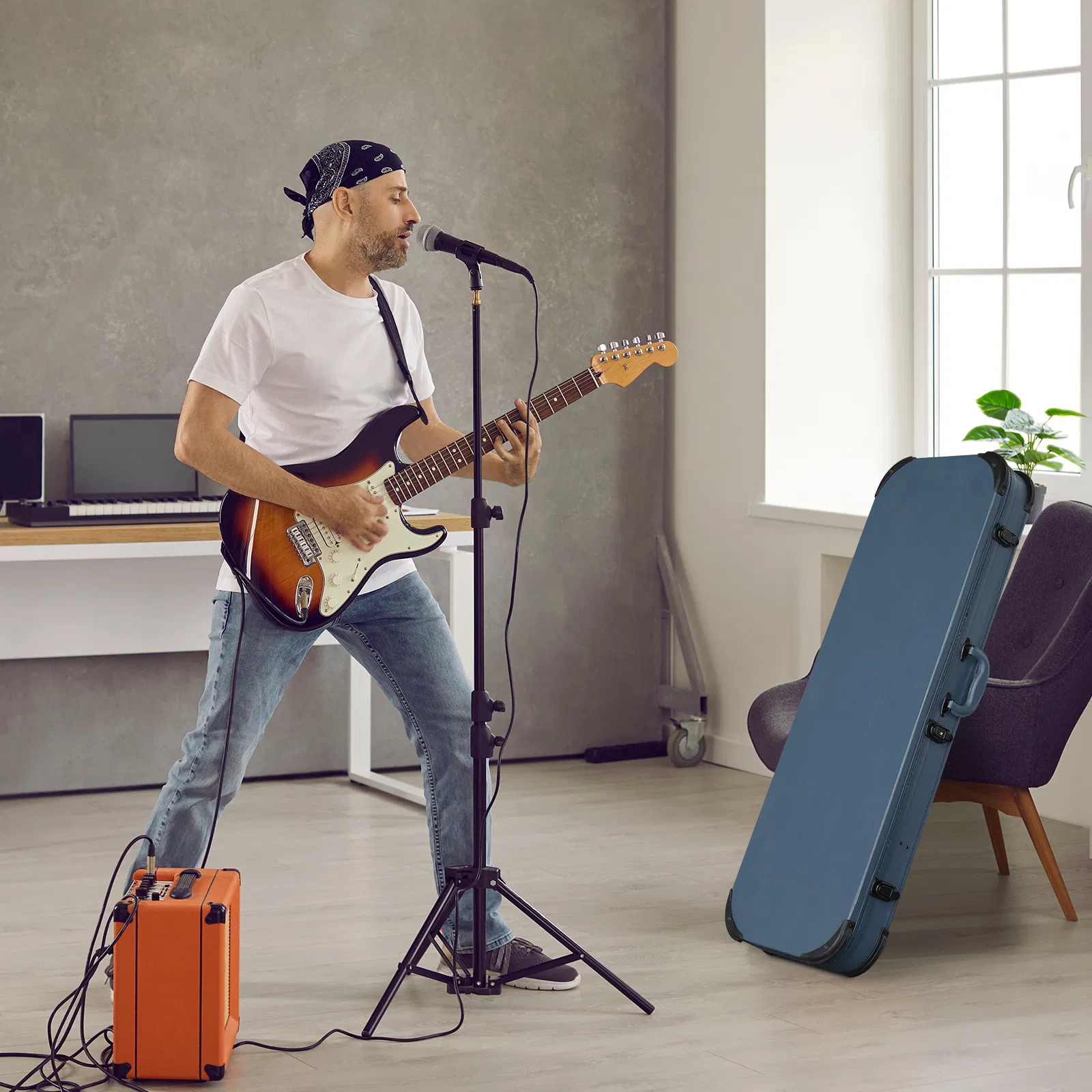 [Replace 87926095] Electric Guitar Square PU Hard Case with Protective Sleeve Fits ST TL Burning fire 170 Style Electric Guitar Blue photo 5