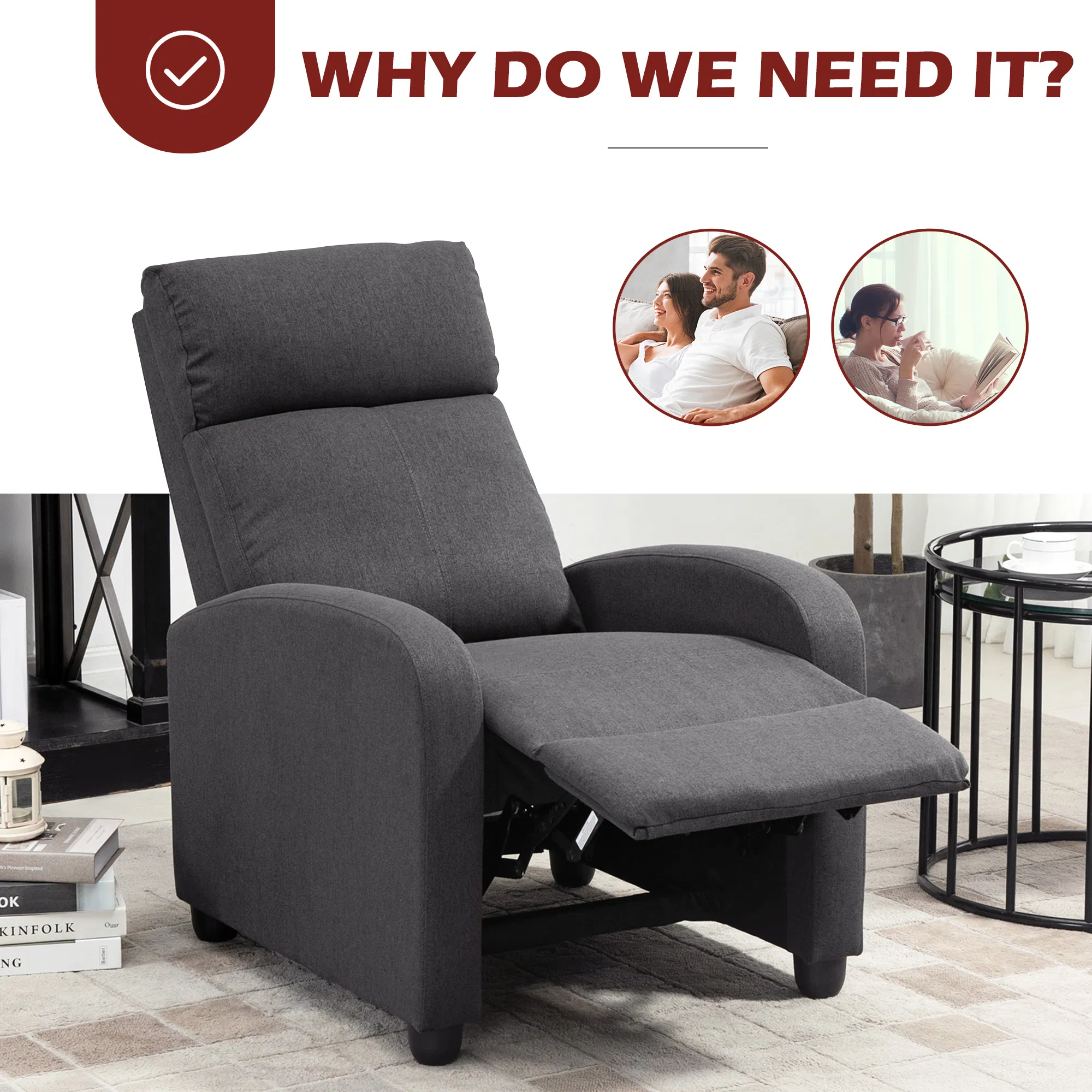Fabric Recliner Chair Manual Home Theater Seating Single Reclining Sofa Chair with Padded Seat for Living Room, Dark Grey photo 5