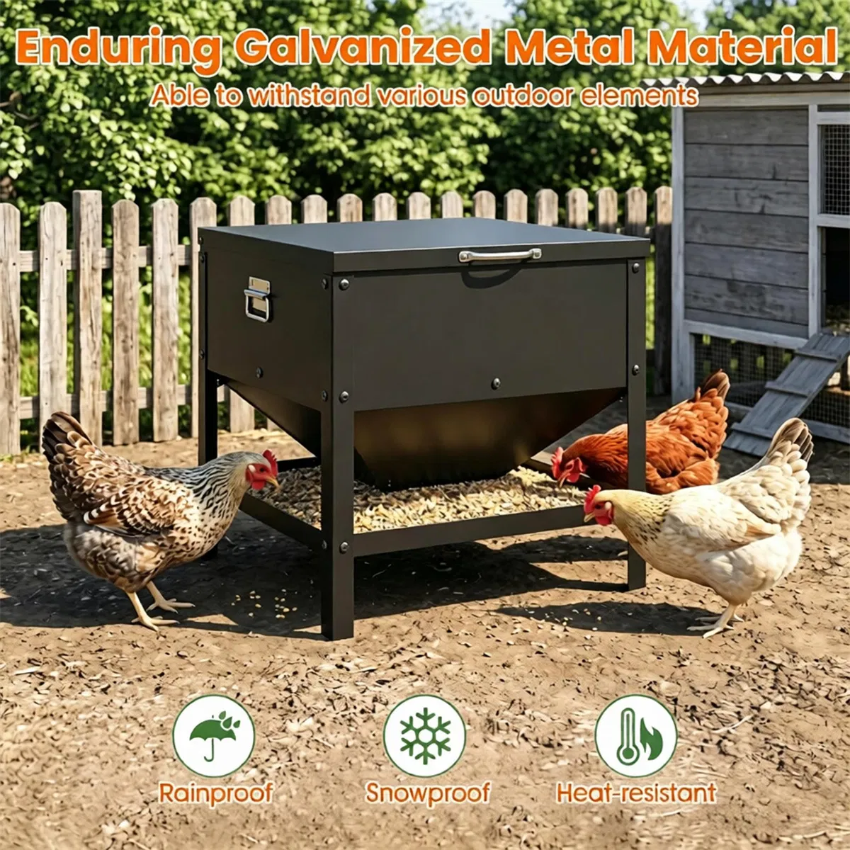Heavy Duty Stainless Steel Chicken Feed Hopper with Lift Top Cover, Raised Legs Spill-Proof Poultry Feeding Box for Backyard Flock Low Refill Frequency photo 4