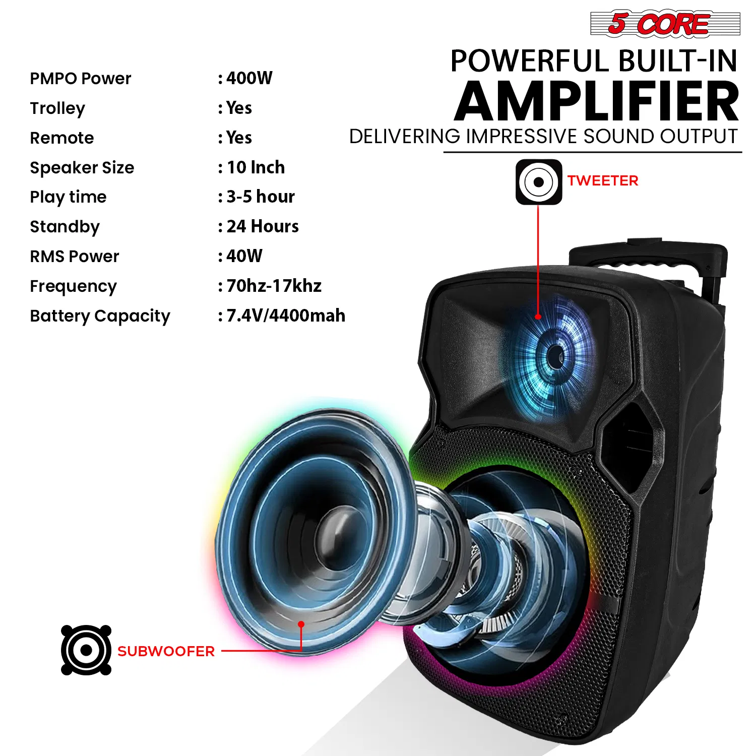 5 Core Party Speaker w Microphone 400W Big Rechargeable Bluetooth Loud PA DJ Karaoke System w Stand photo 6