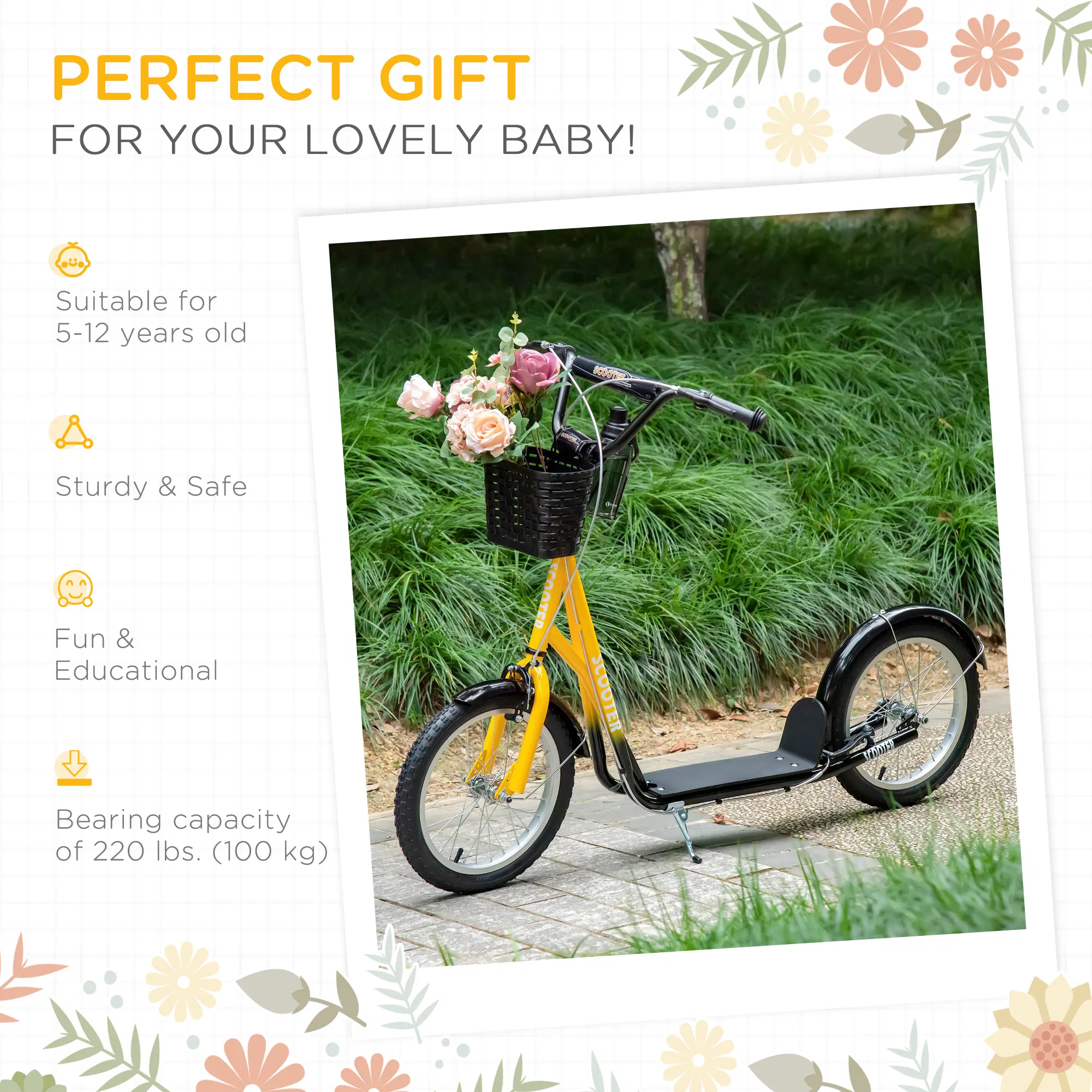 Kick Scooter with Adjustable Handlebar, Kids Scooter with 2 Brakes Basket Cupholder 16" Inflatable Rubber Tyres Orange photo 2