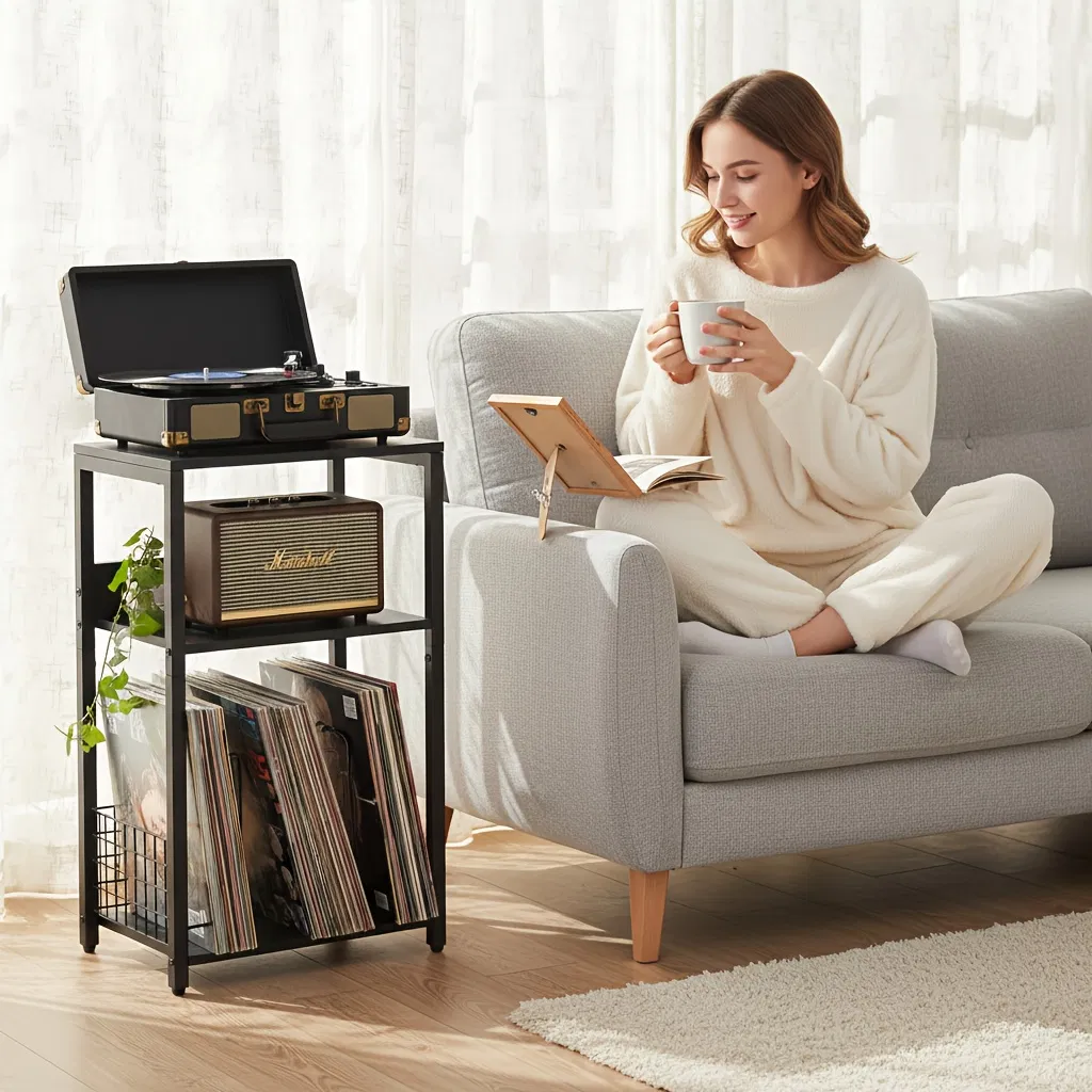 3-Tier Turntable Stand with Vinyl Storage for 100 Albums, Combined CD & DVD Racks, End Side Table for Living Room photo 3
