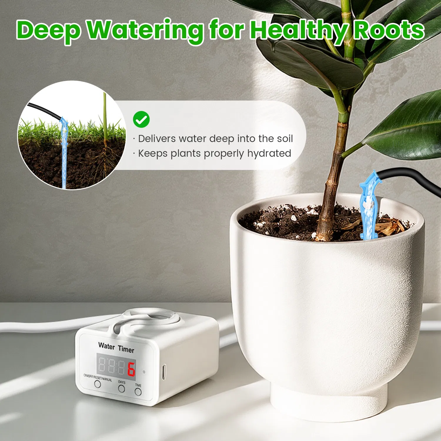 Programmable Automatic Drip Irrigation System for Potted Plants, 0-600s Watering Time 1-12H/0-9Day Interval Type-C Rechargeable Cordless Plant Waterer with LCD Display photo 3