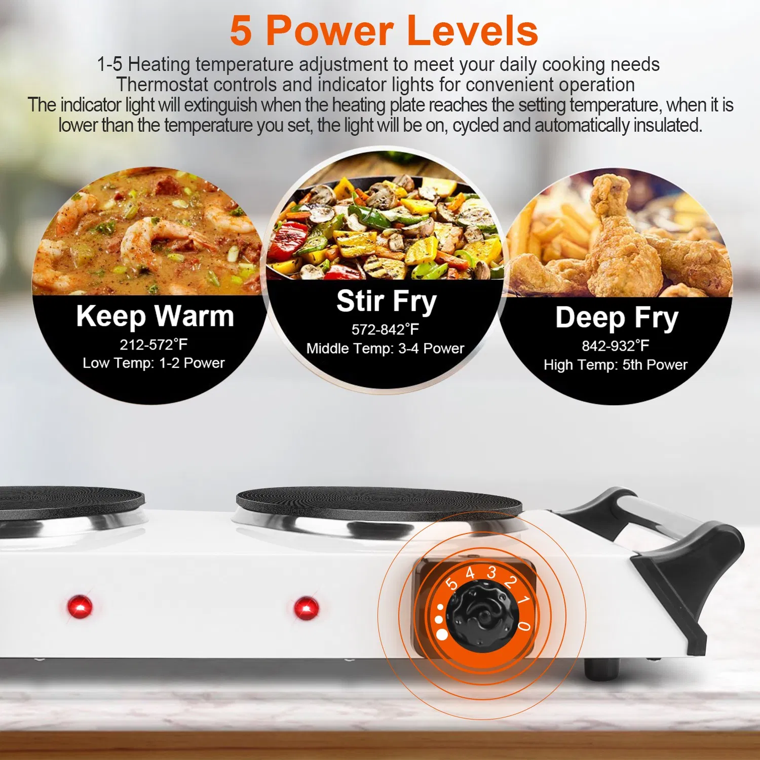 Portable Dual Burner Electric Stove - 2000W Power, 5 Temperature Levels, 5.5in Coils, Fast Even Cooking, Fits Flat Cookware, Ideal for Apartments/RVs, Easy Cleaning Design photo 6