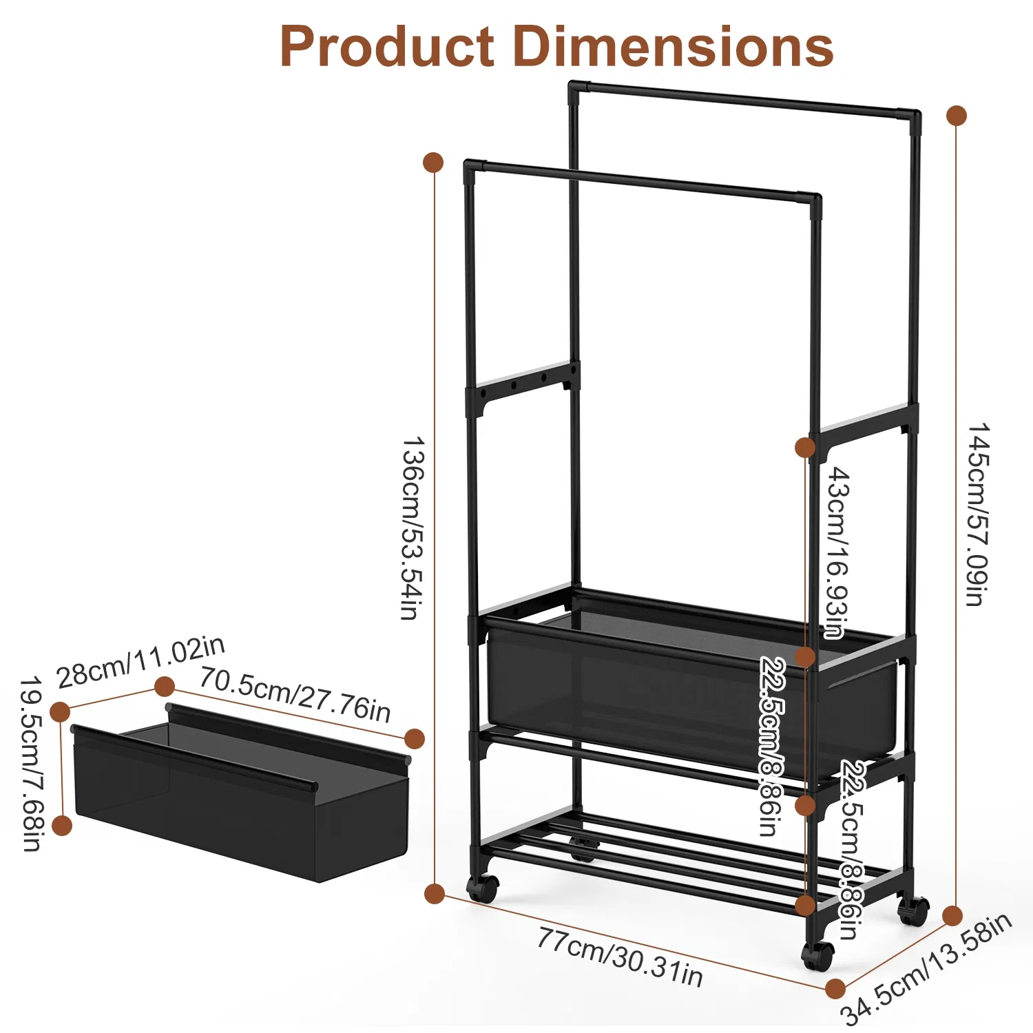 3 Tiered Portable Clothing Rack For Bedroom Entryway Double Hanging Rods Sturdy Iron Garment Rack With Double Hanging Rods Adjustable Storage Bag Quiet Wheels photo 5
