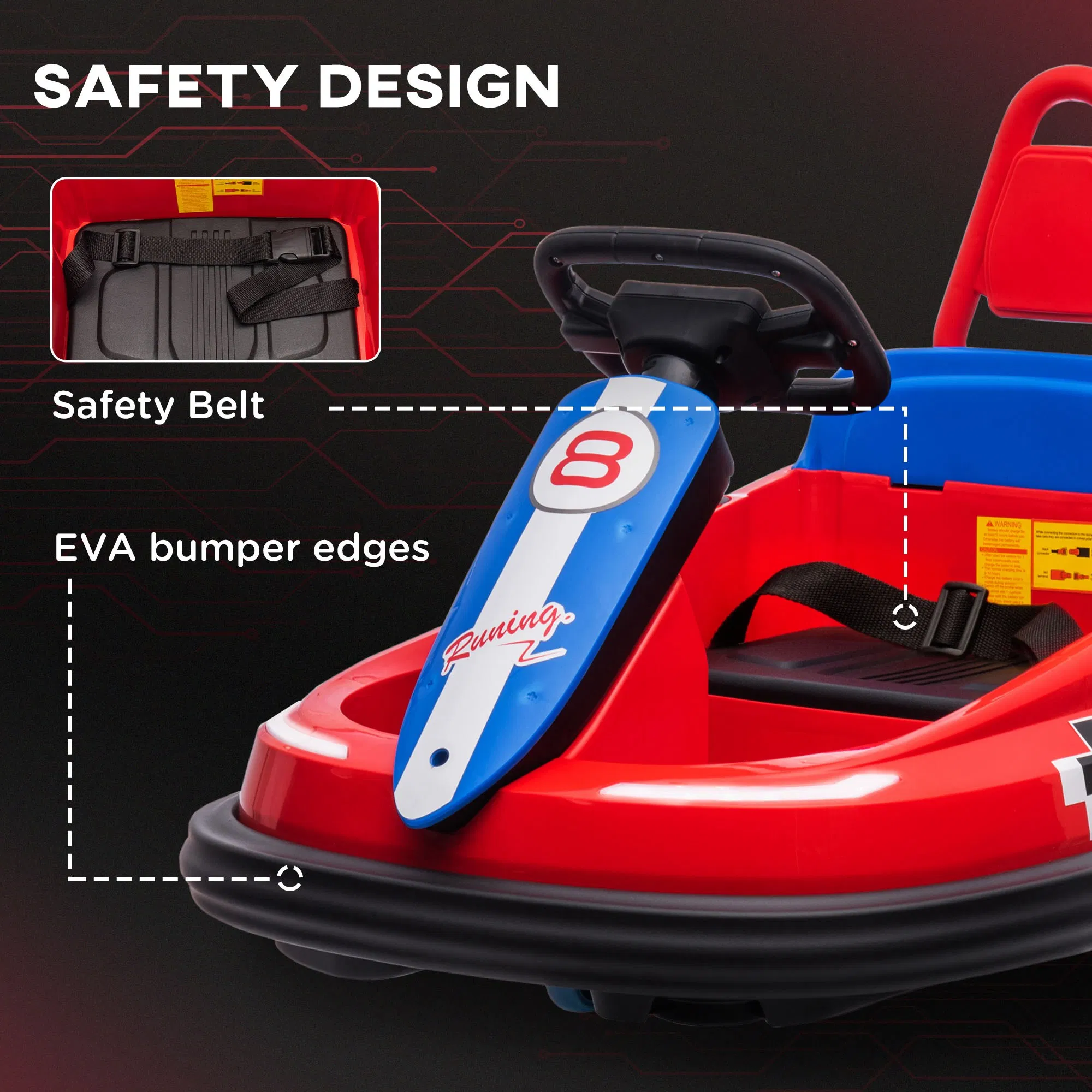 Kids Bumper Car, 6V 360° Rotation Electric Ride on Car, Twin Motors Battery Powered Toy with Music, Horn and Lights, Safety Belt, for Boys and Girls Aged 18-48 Months - Red photo 2