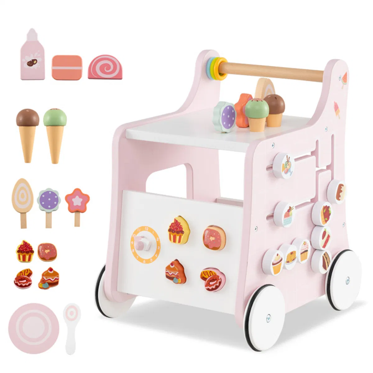 2-in-1 Baby Walker with 8 Fun Activities (Dessert Sorter/Adjustable Clock/Maze) + Side Shop Window (Role Play)-Pink photo 5