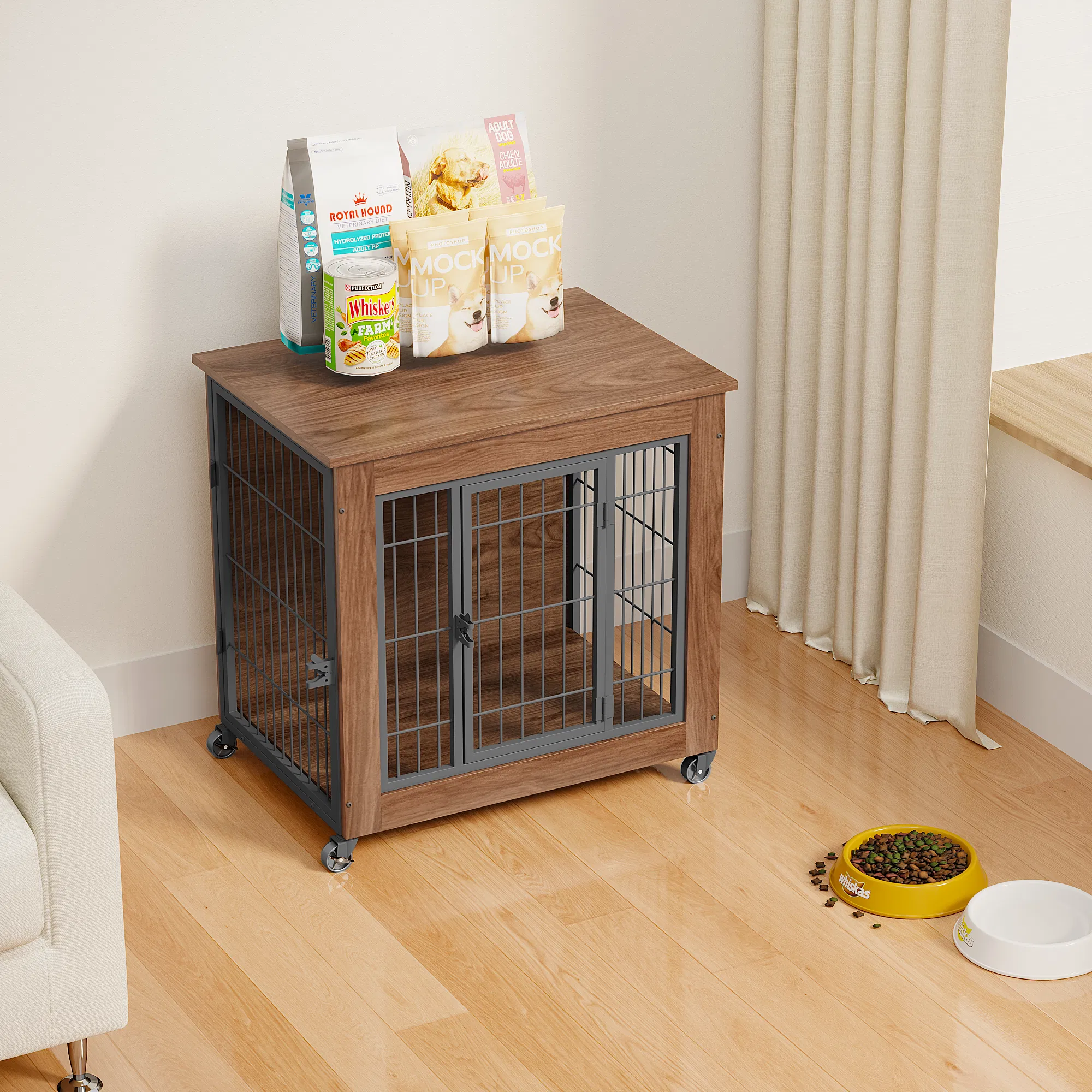 27.2" Dog Crate Furniture with Wheels for Small Dogs, Heavy Duty Dog Kennel Indoor with 2 Doors, Wooden Pet Cage End Table, Double-Doors Sturdy Metal Dog Cage for Anxiety Dog photo 4