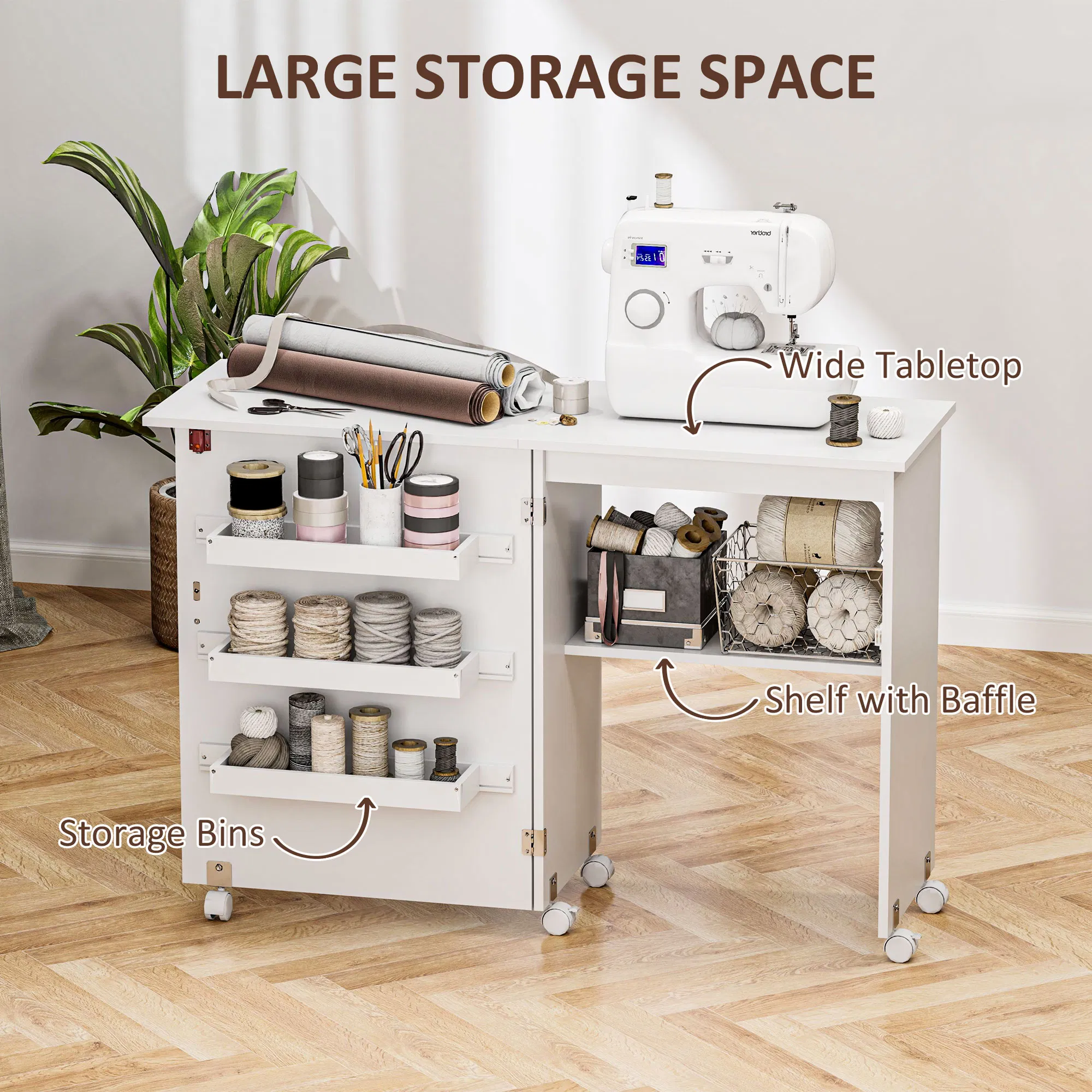 Sewing Machine Cabinet, Folding Sewing Table with Storage Shelf, Bins and Lockable Wheels for Small Space, White photo 6