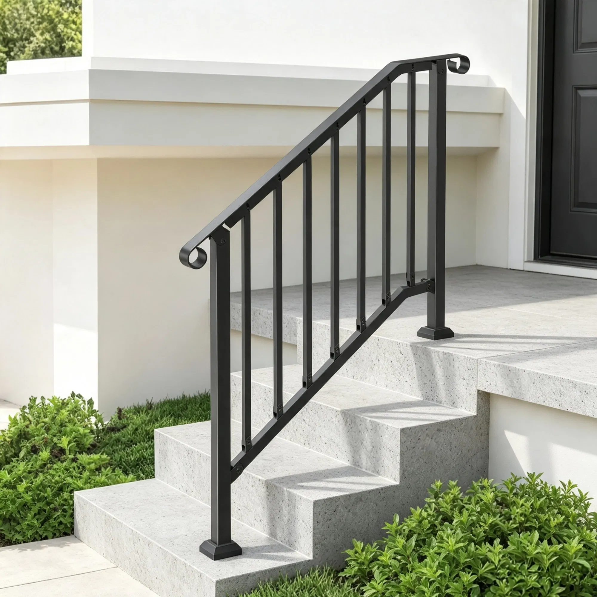 2-3 Step Outdoor Stair Handrail Kit, Black Retro Arch Carbon Steel Railing with Installation Kit photo 5