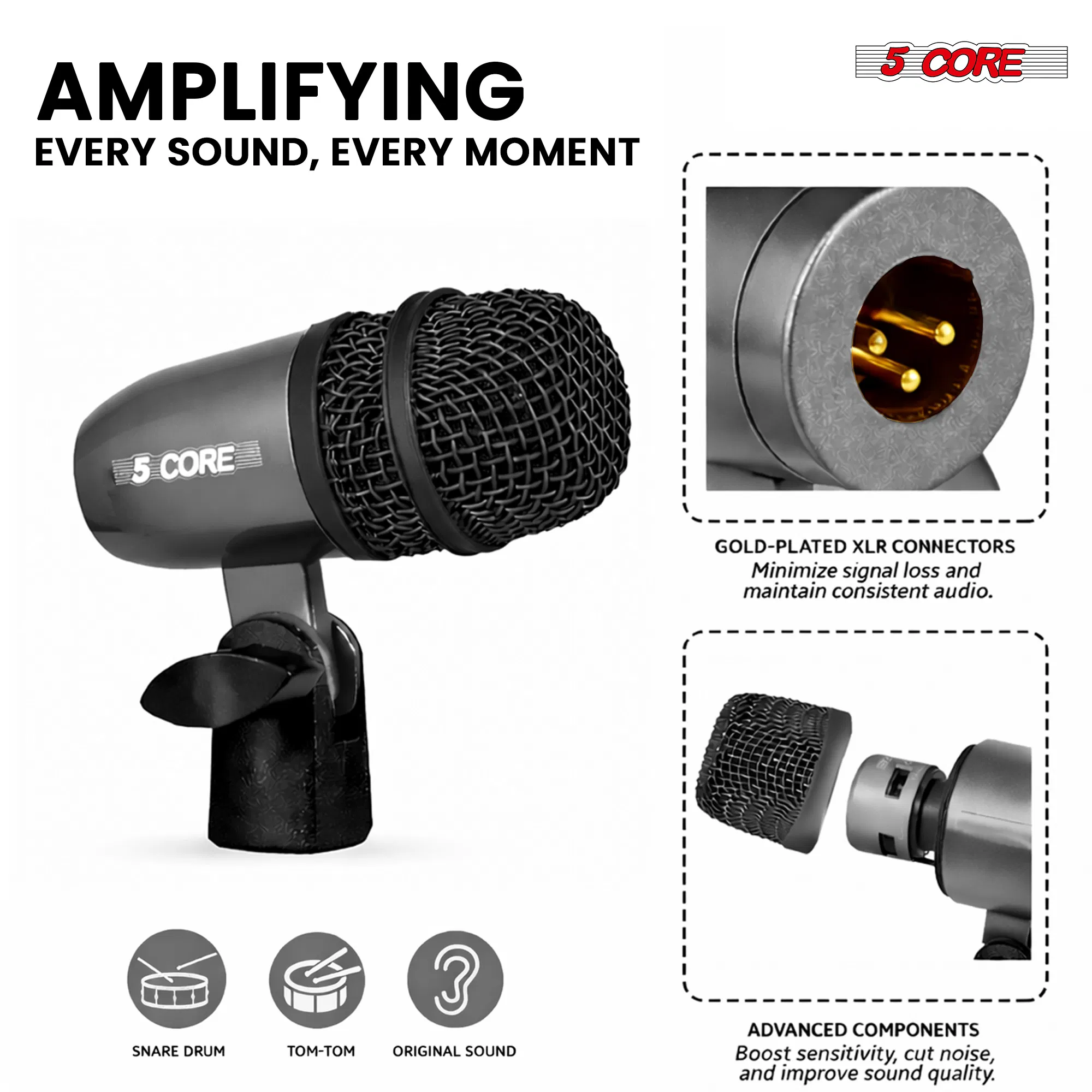 5Core Snare Mic XLR Cardioid Tom Drum Kick Instrument Microphone BLACK photo 3
