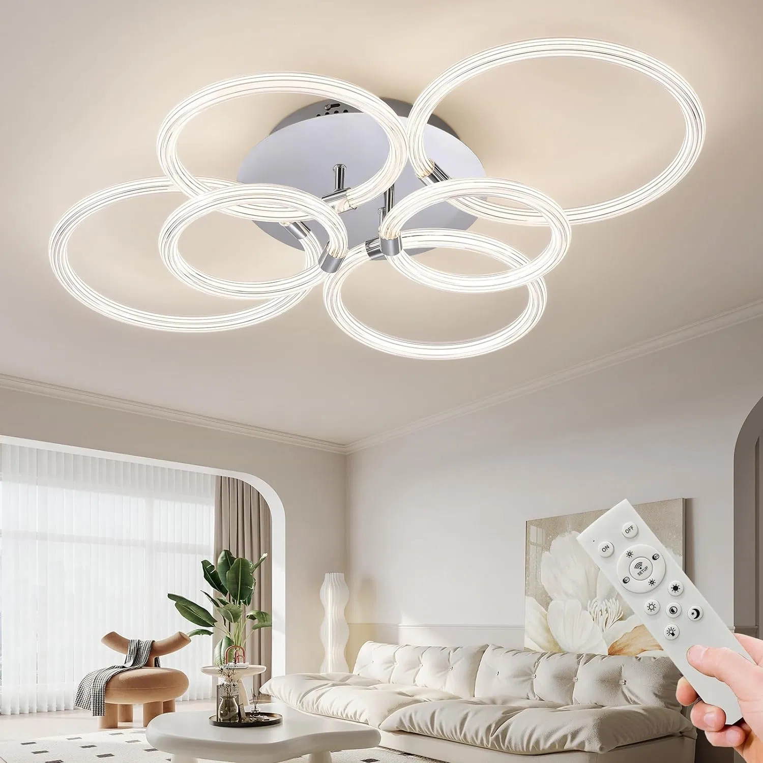 Modern LED, Flush Mount Ceiling Light with Dimmable Remote Control, 6Rings Acrylic Fixture for Bedroom, Living Room, Kitchen, Office Lamps (6 Heads)[Unable ship weekends, TK/TEMU only for pickup] photo 4