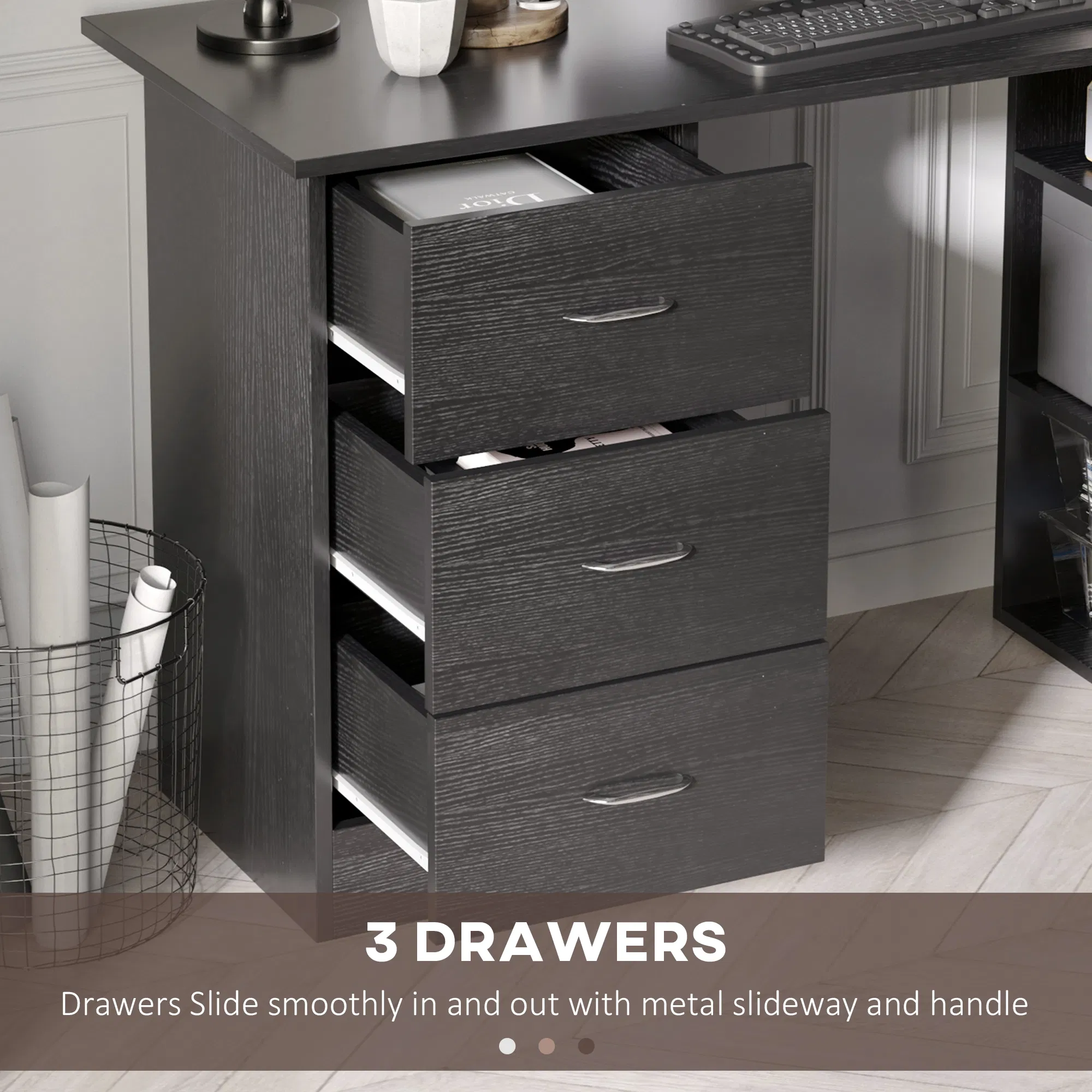 47 Inches Home Office Desk with 3-Tier Storage Shelves, Computer Desk with Drawers, Study Writing Table, Black photo 6