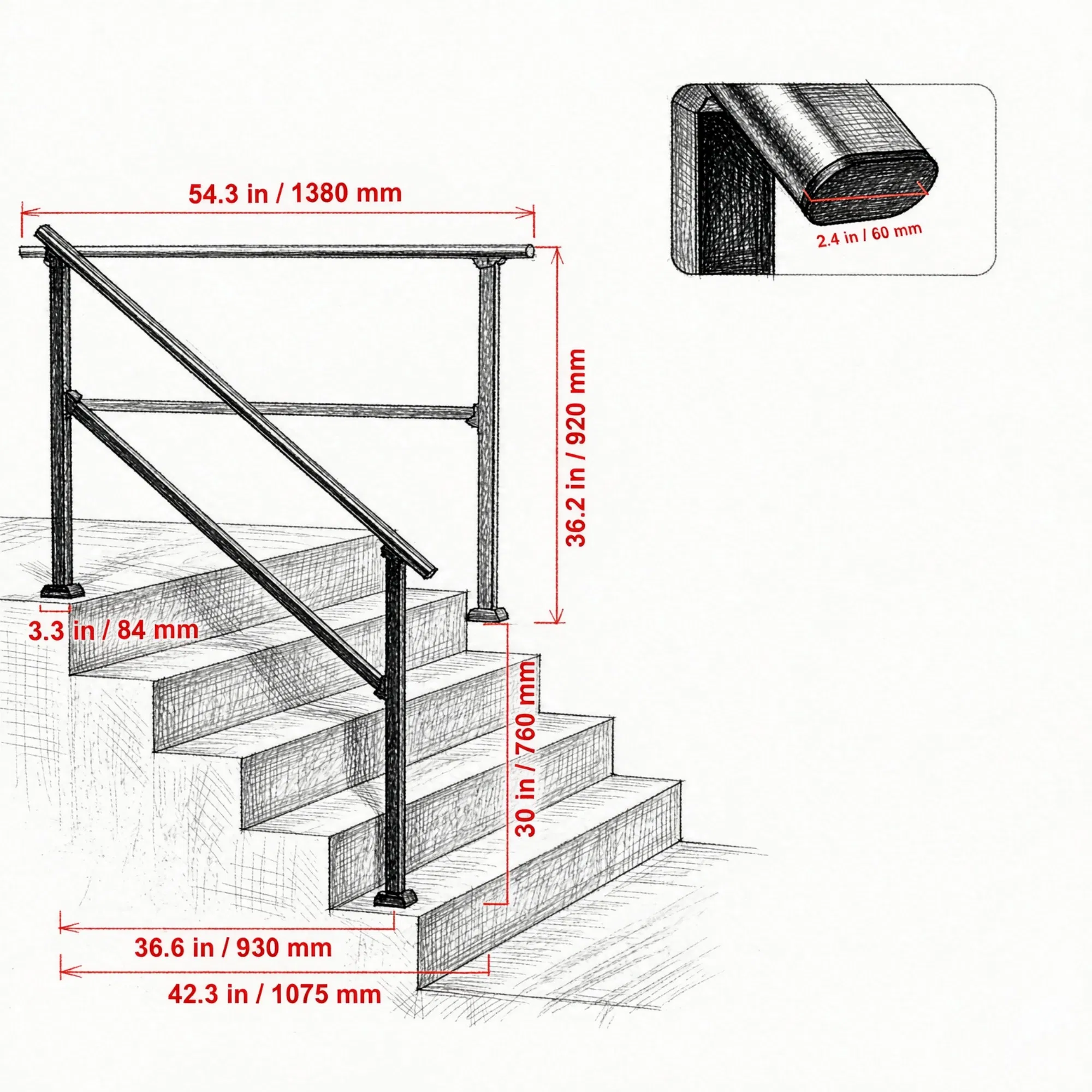 4-5 Step Stair Handrail Kit for Outdoor Steps, Black Square Tube Design photo 3