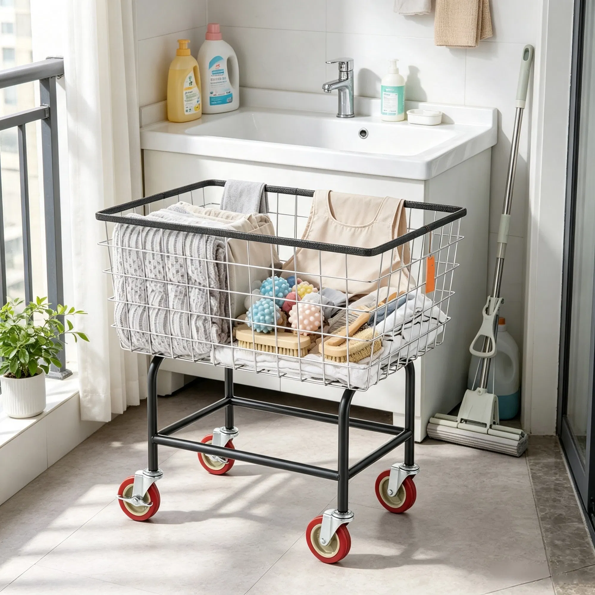 Wire Laundry Cart, 2.8 Bushel Wire Laundry Basket with Wheels, 26.7" x 21.7" x 26.4" Commercial Grade photo 4