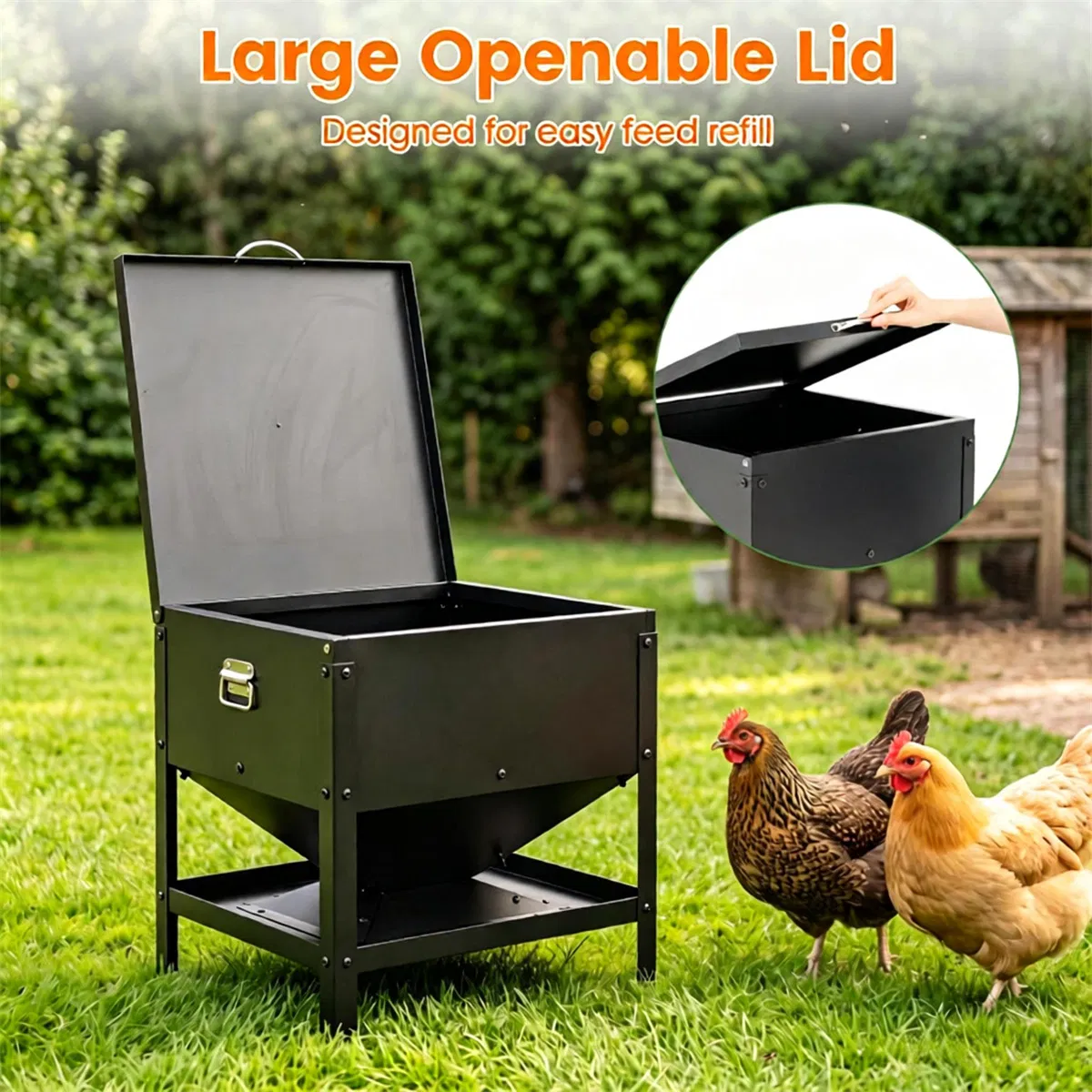 Heavy Duty Stainless Steel Chicken Feed Hopper with Lift Top Cover, Raised Legs Spill-Proof Poultry Feeding Box for Backyard Flock Low Refill Frequency photo 7