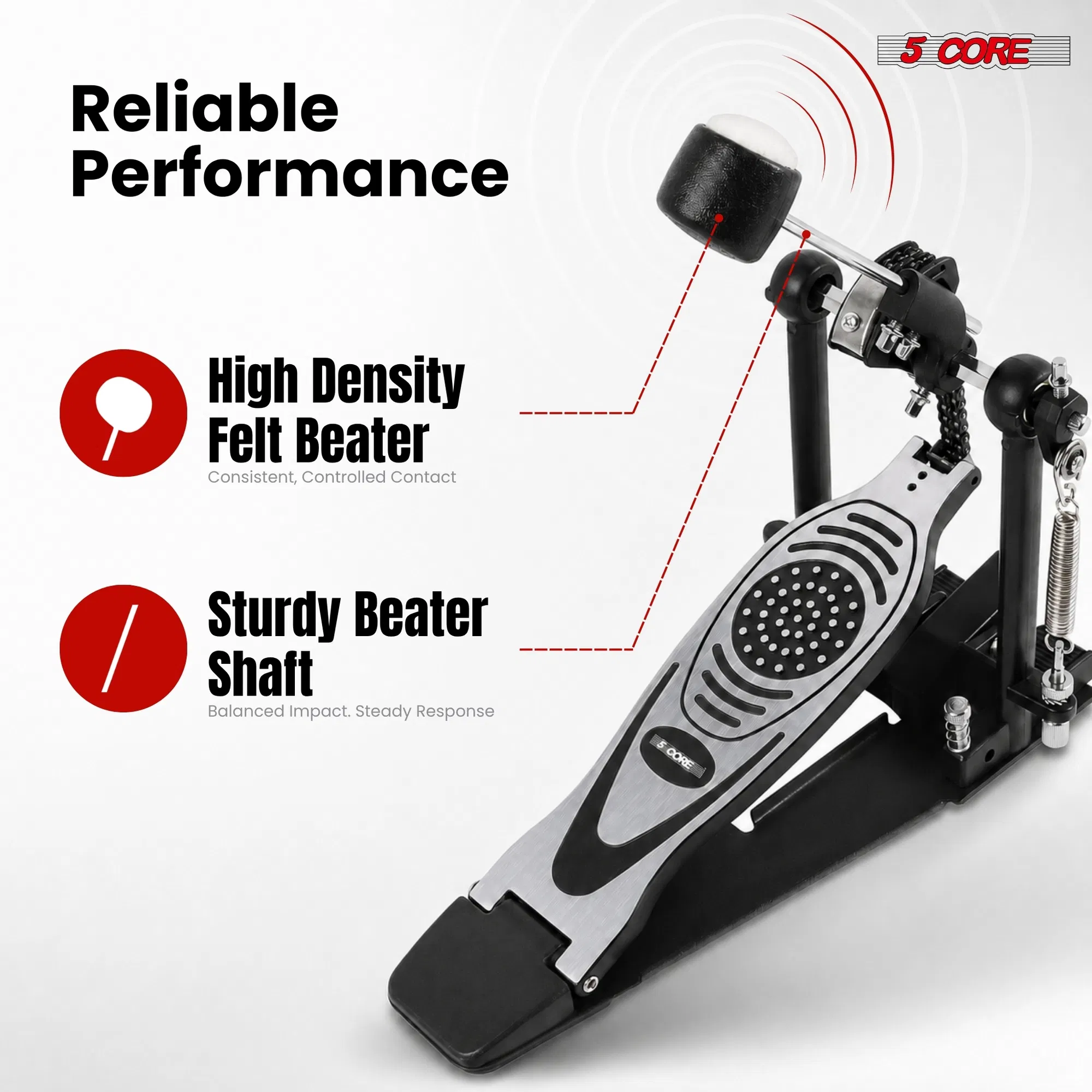5 Core Bass Drum Pedal Mount Felt Beater Head Single/Double Chain Foot Pedal photo 7