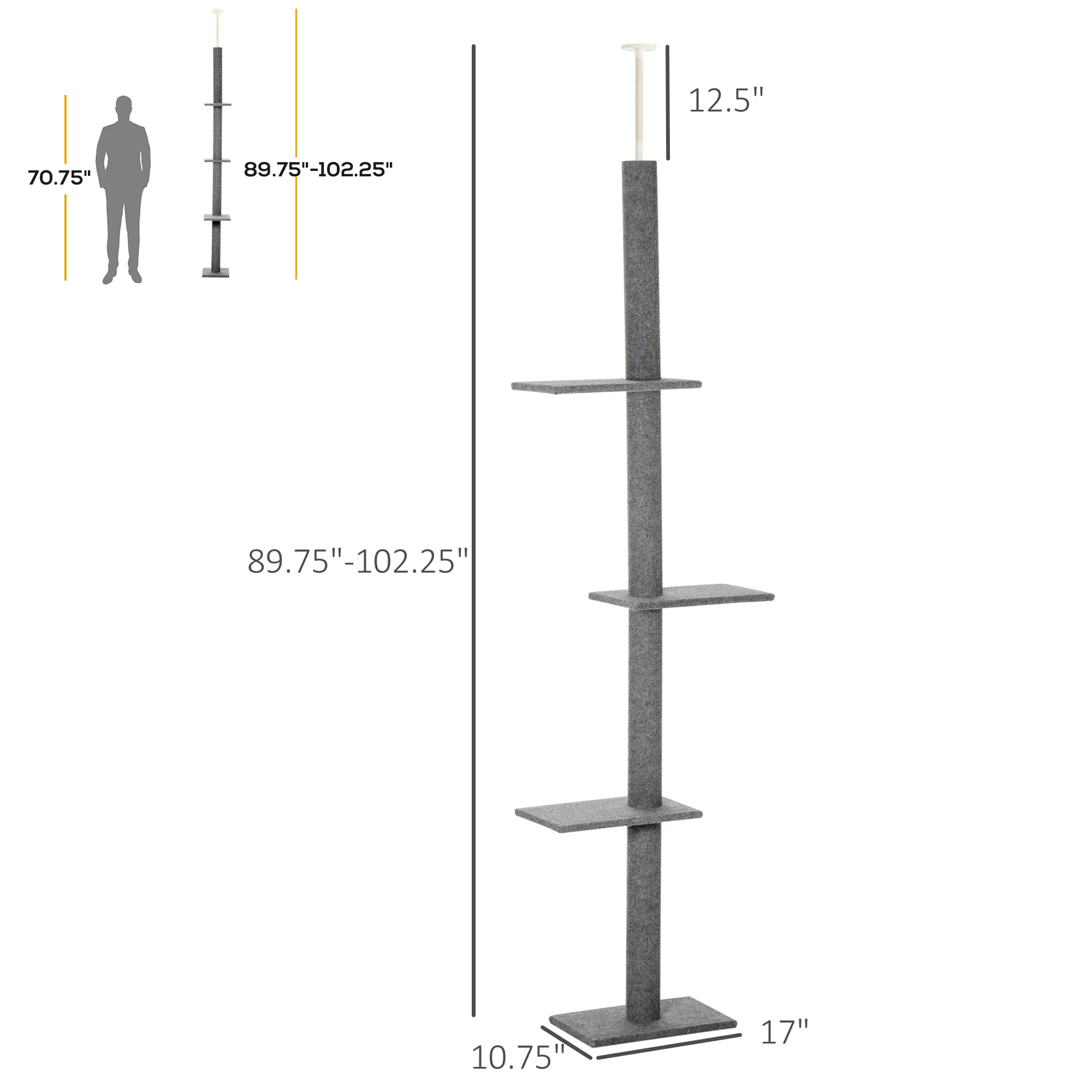 100" Floor To Ceiling Cat Tree w/ 3 Perches Activity Center for Kittens Cat Tower Furniture, Grey photo 6