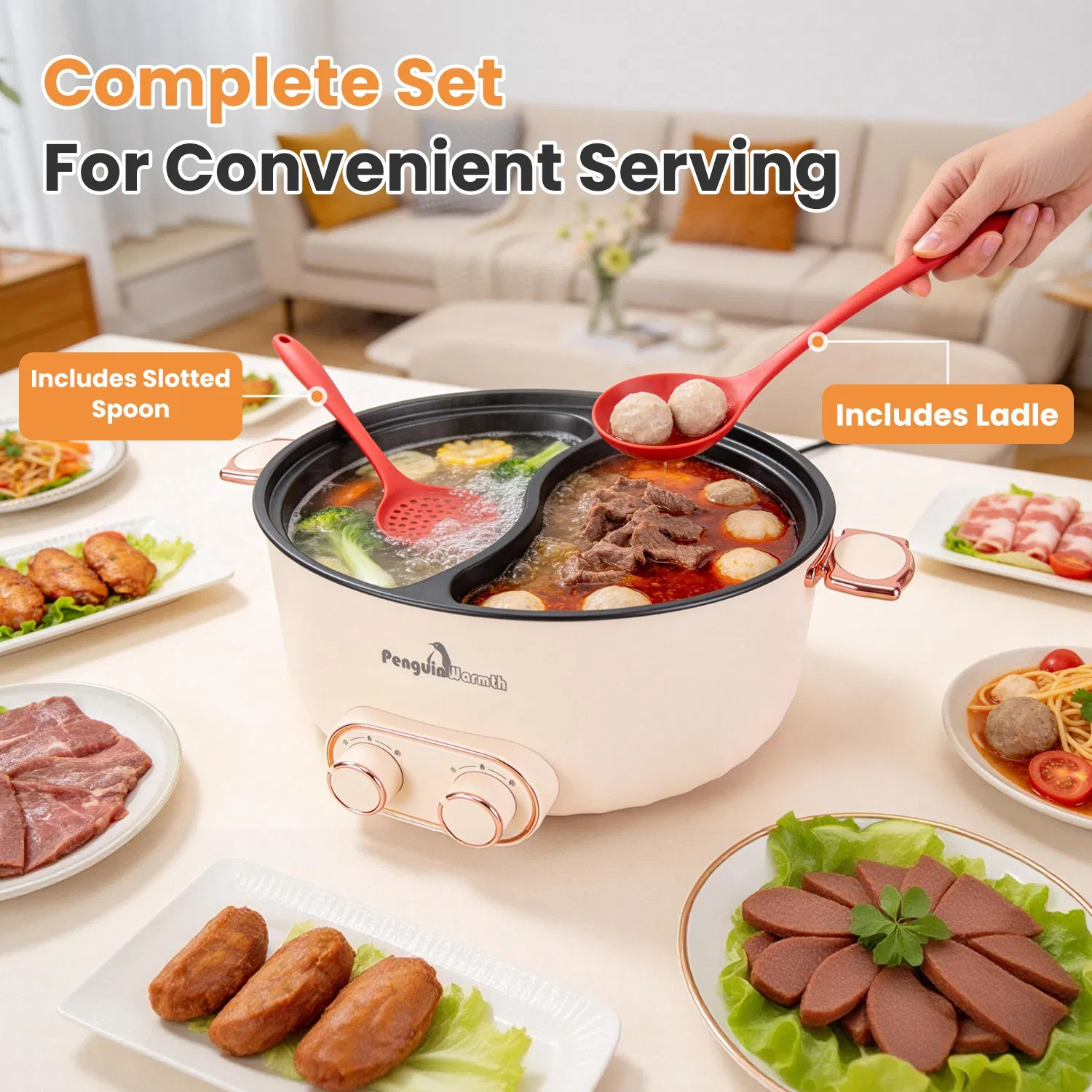 6L/1.59Gal Electric Hot Pot with Divider and Lid 2000W Stainless Steel with 2 Heat Settings Independent Control Overheat Protection Ladle & Slotted Spoon for Hot Pot Soup Noodles photo 3