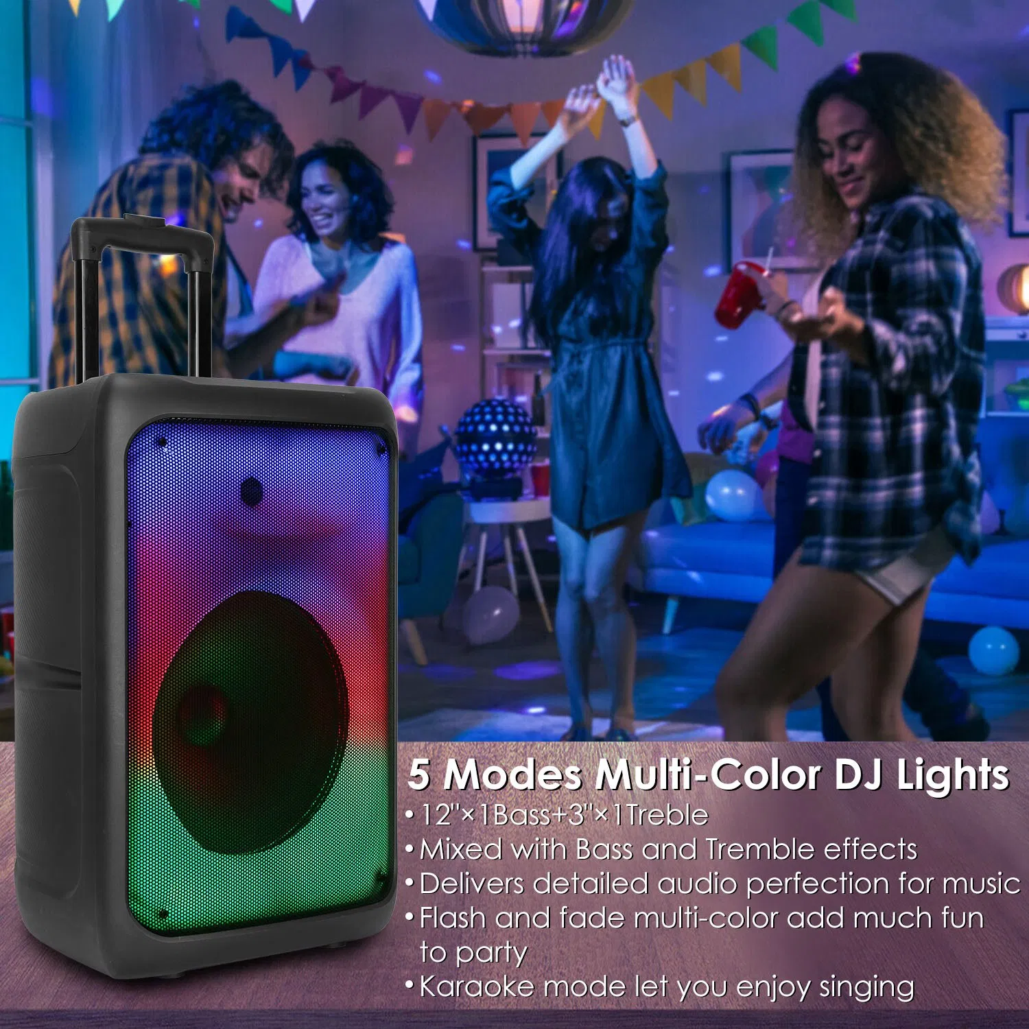 Portable Wireless Party Speaker Party Speaker with with 5 Colorful Lighting Modes TWS FM USB MMC Slot Aux In Recording Mic Priority Trolley Handle 2 Wheels Remote Control photo 8