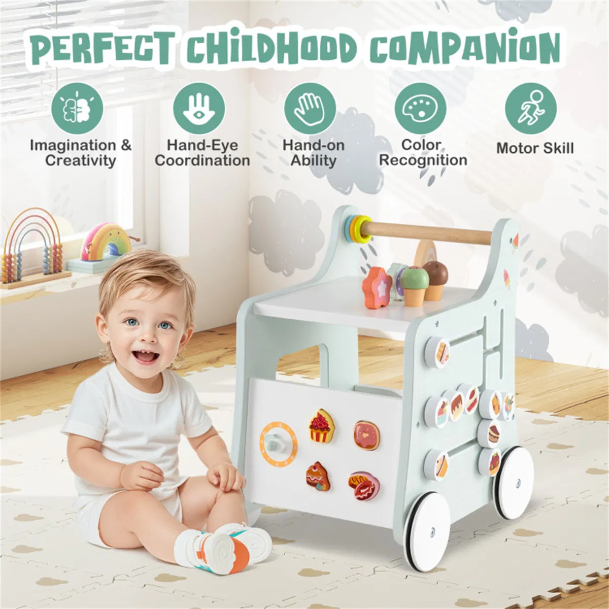2-in-1 Baby Walker with 8 Fun Activities (Dessert Sorter/Adjustable Clock/Maze) + Side Shop Window (Role Play)-Light Green photo 8