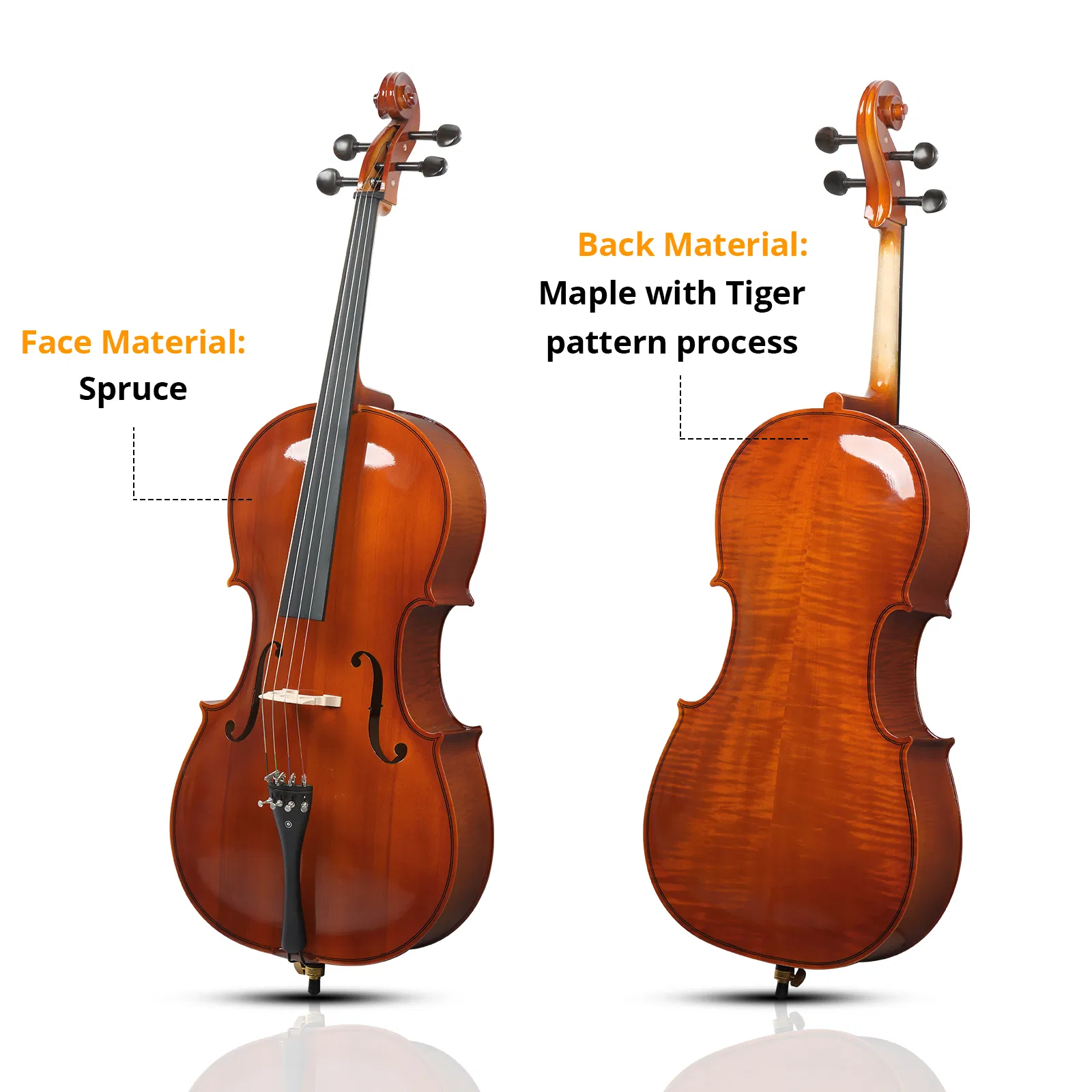 Full Side 4/4 Natural Color Spruce Panel Cello Tiger pattern process with Bag Bow Rosin Bridge Strings photo 2