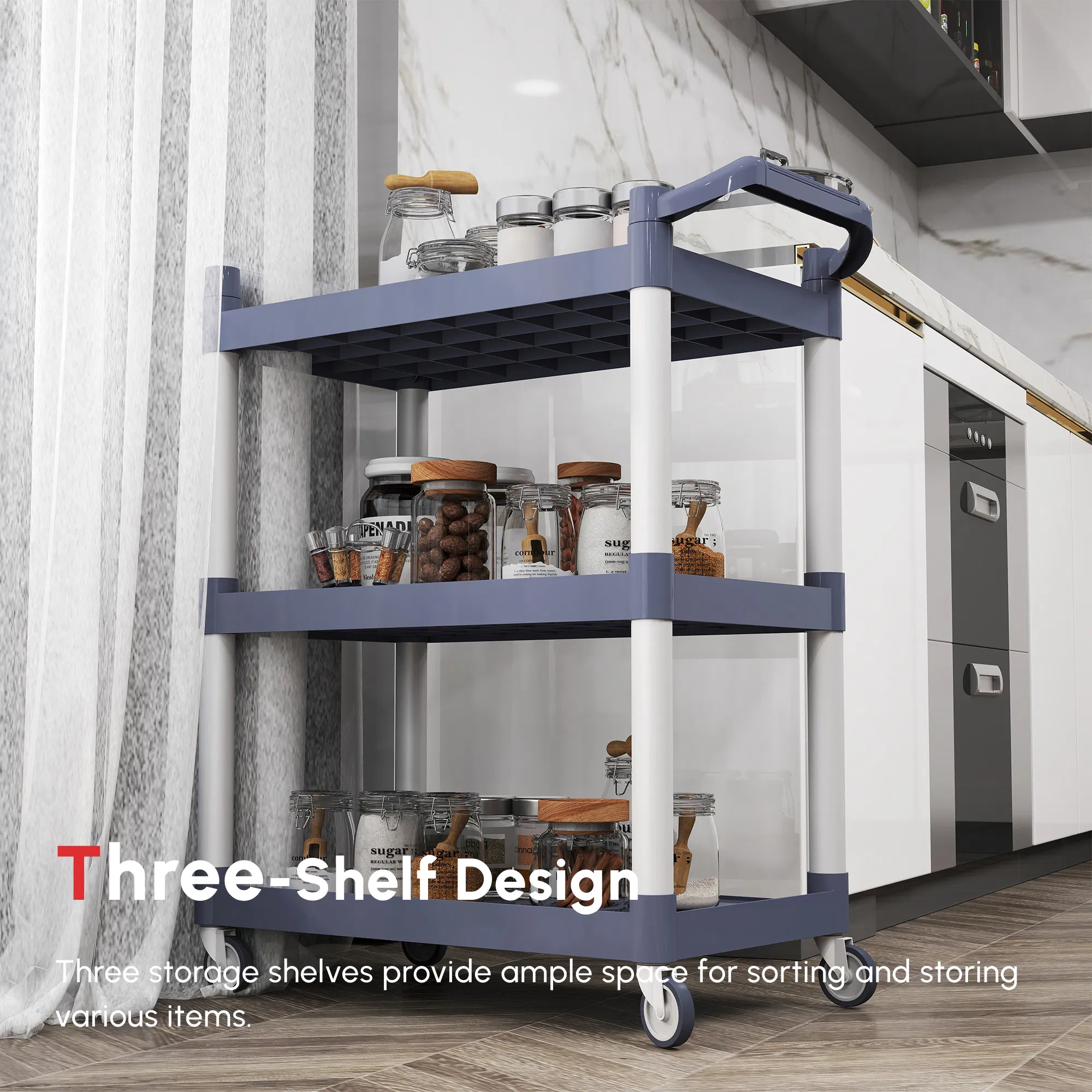 3-Tier Utility Cart Large Rolling Storage Trolley with 3 Shelves Metal Clean Service Cart, Restaurant, Hotel, Livingroom, Silver and Grey photo 3
