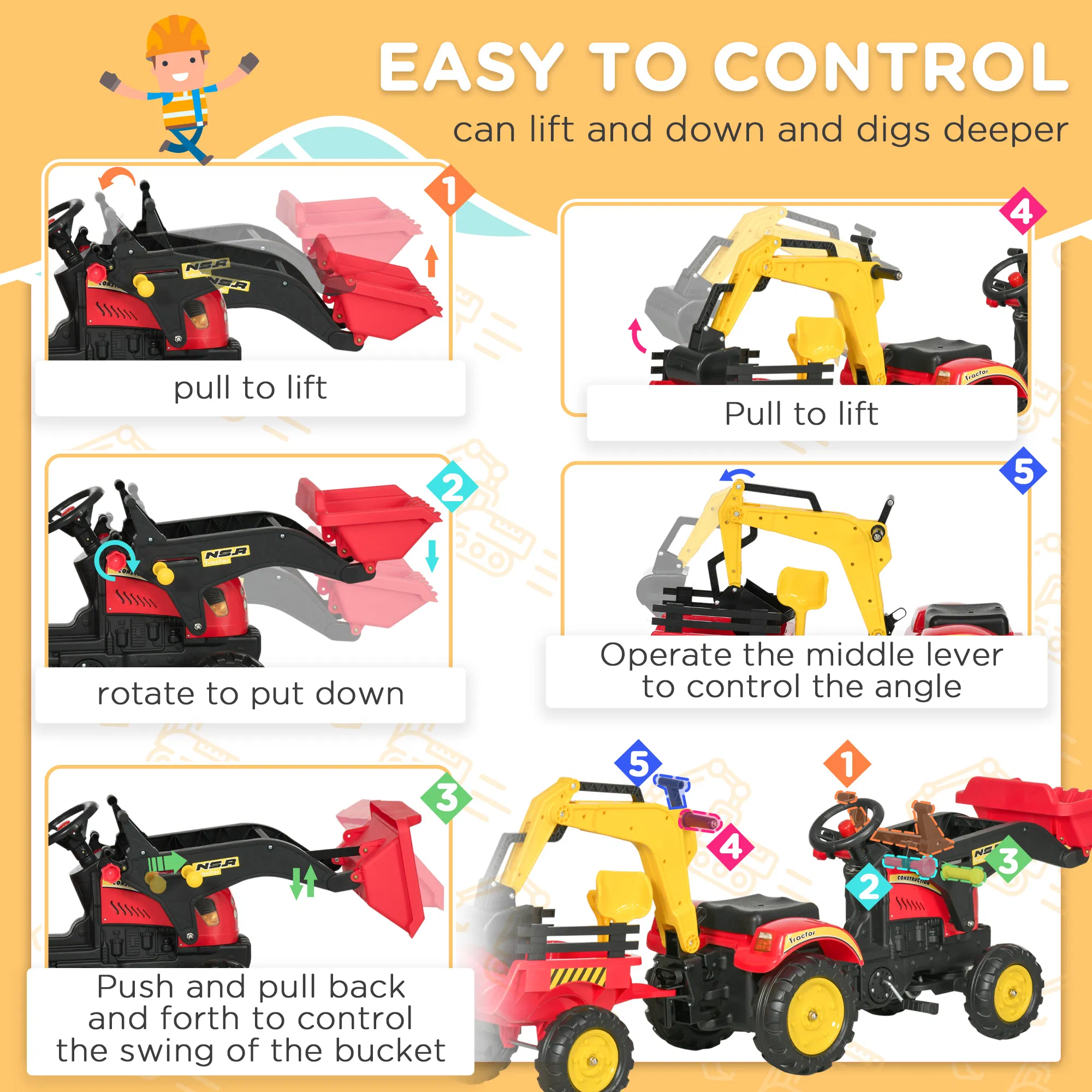 3 in 1 Kids Ride On Excavator Toy with 6 Wheels, Bulldozer with Controllable Cargo Trailer & Easy Pedal Controls photo 2