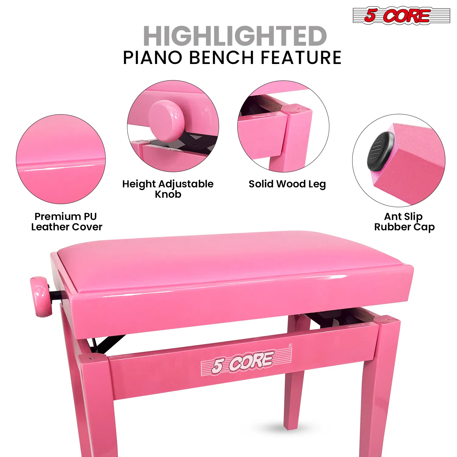 5 Core Adjustable Piano Bench Thick 3.25" Solid Wood Keyboard Stool Heavy Duty Musician Chair photo 7