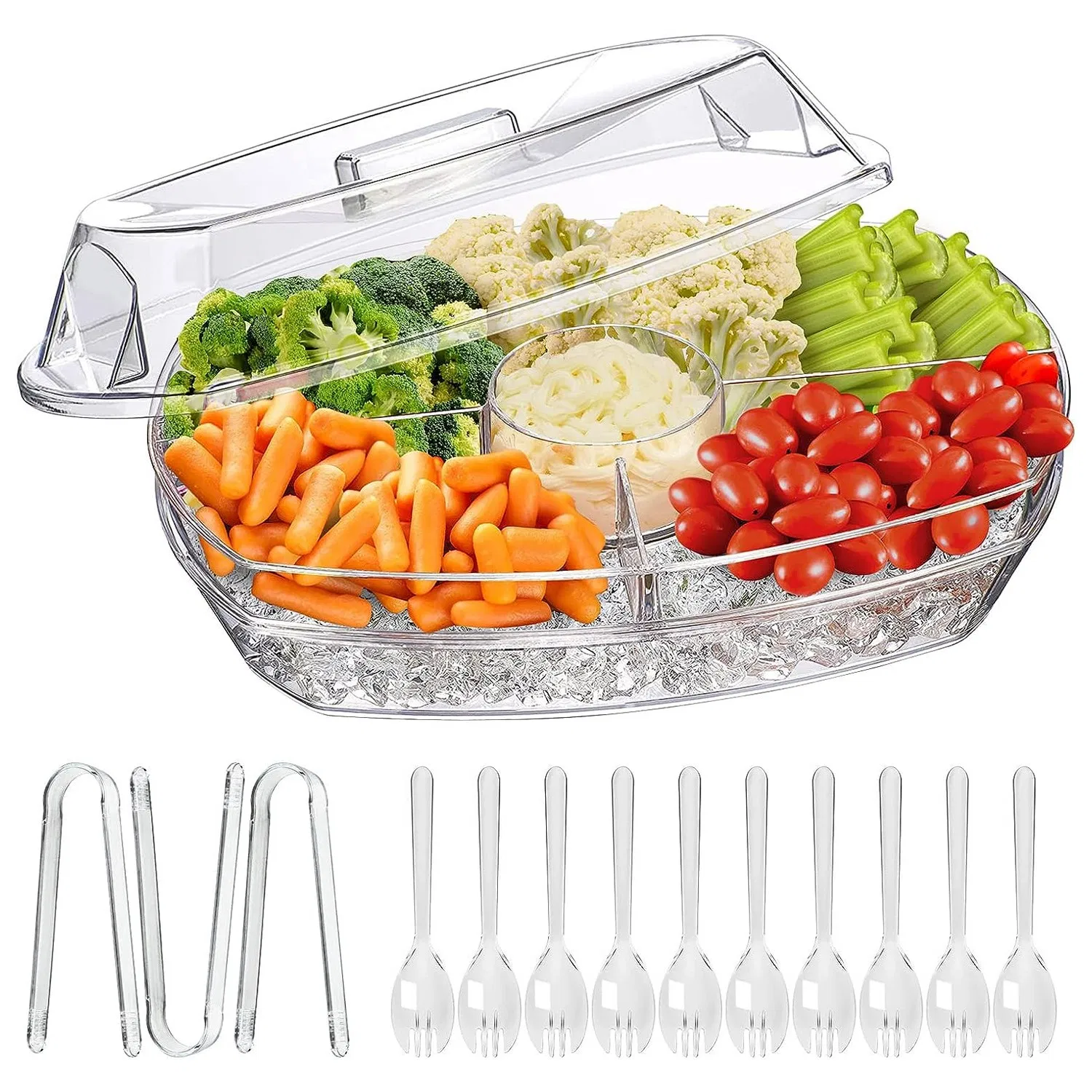 Fruit Ice Serving Tray Chilled Veggie Tray Shrimp Cocktail Serving Dish Appetizer Party Serving Platter Cold Food Buffet Server with Lid and 4 Compartments 3 Tongs 10 Sporks photo 1