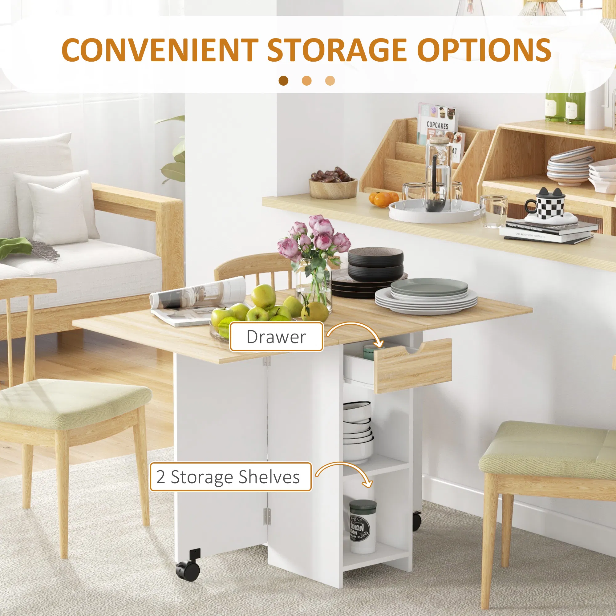 Folding Dining Table, Space Saving Drop Leaf Table with Drawer and Storage Shelves for Kitchen, Dining Room, Oak photo 2