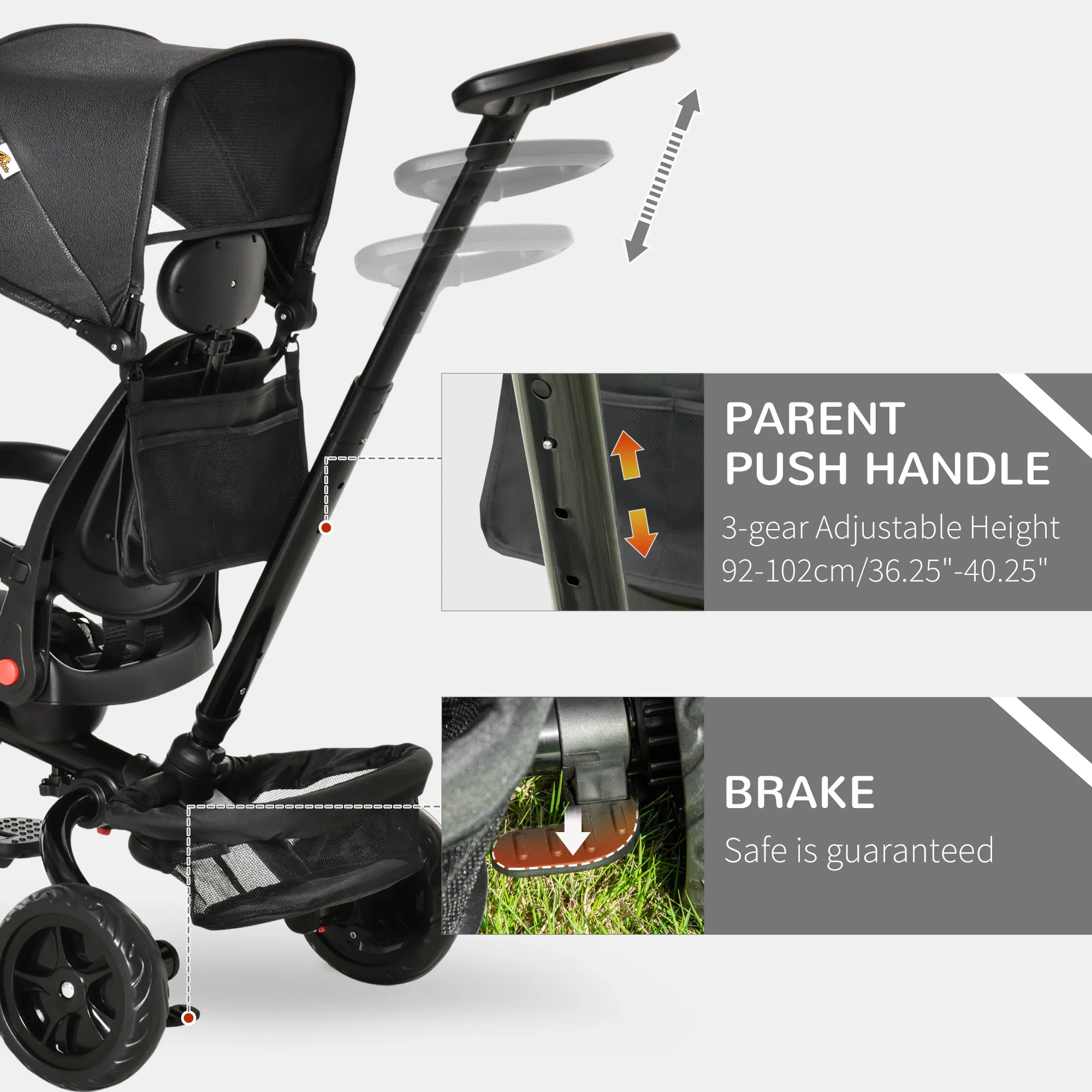 Tricycle for Toddler 4 in 1 Kids Trike with Reversible Adjustable Seat, Baby Push Bike with Removable Handle, Canopy, Belt Storage Brake Clutch for 1-5 Years, Black photo 6