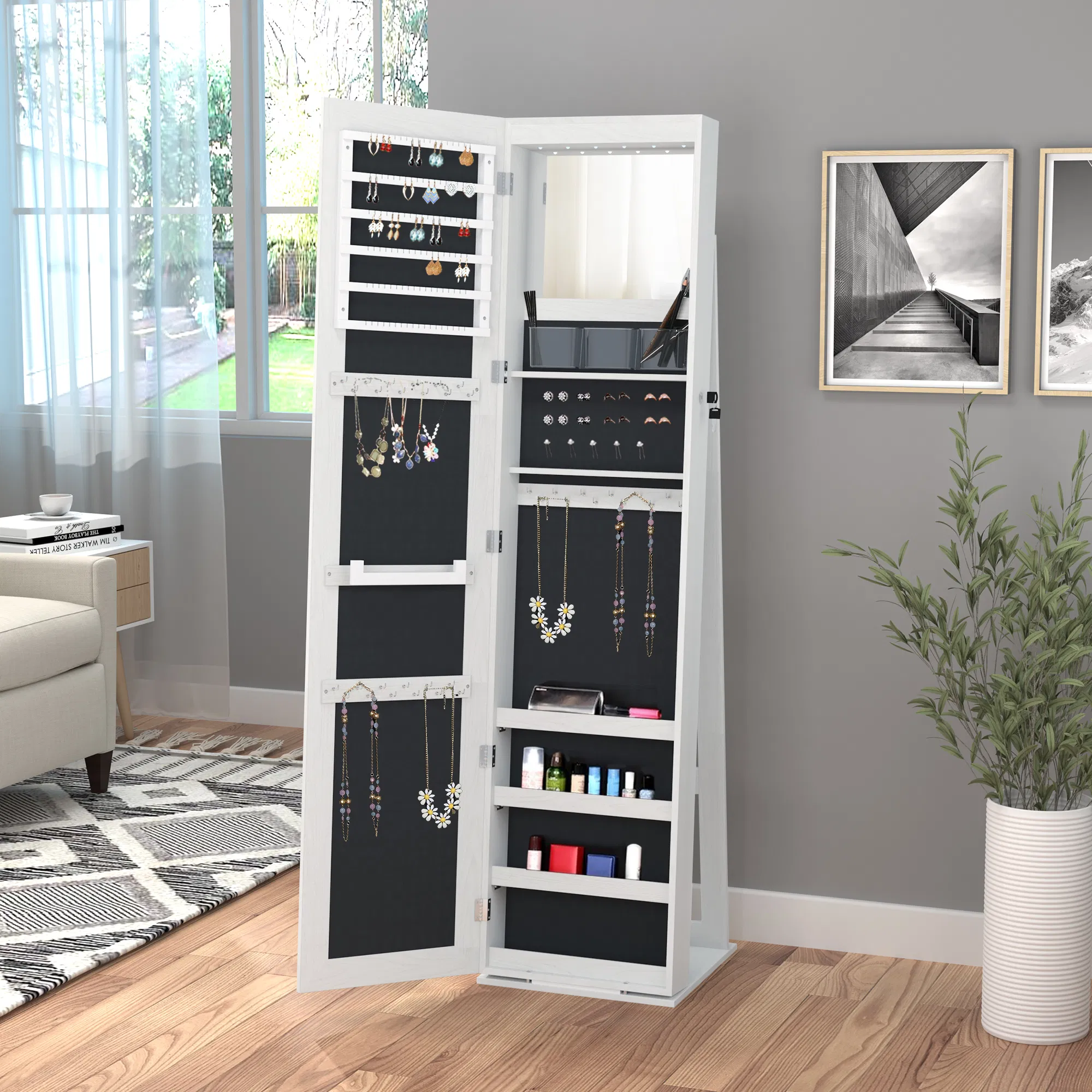 Lockable Jewelry Cabinet Standing Armoire Full Length Mirror LED Lights White Jewelry Organizer photo 3