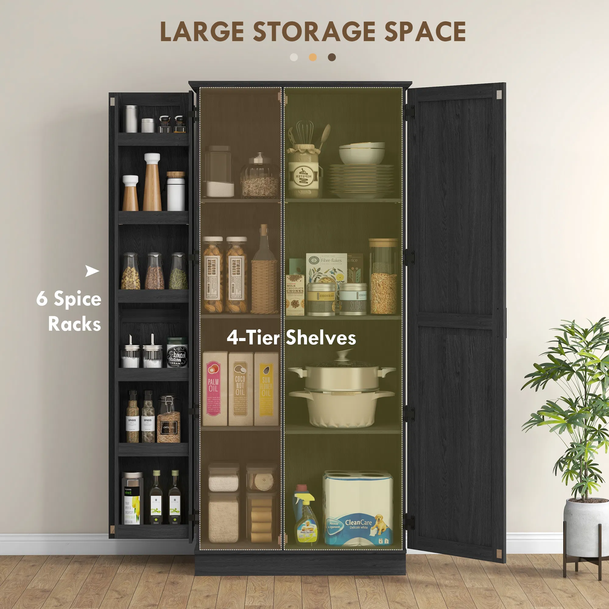 70" Tall Kitchen Pantry Cabinet with Door Shelves and Adjustable Shelves, Black Wood Grain photo 2