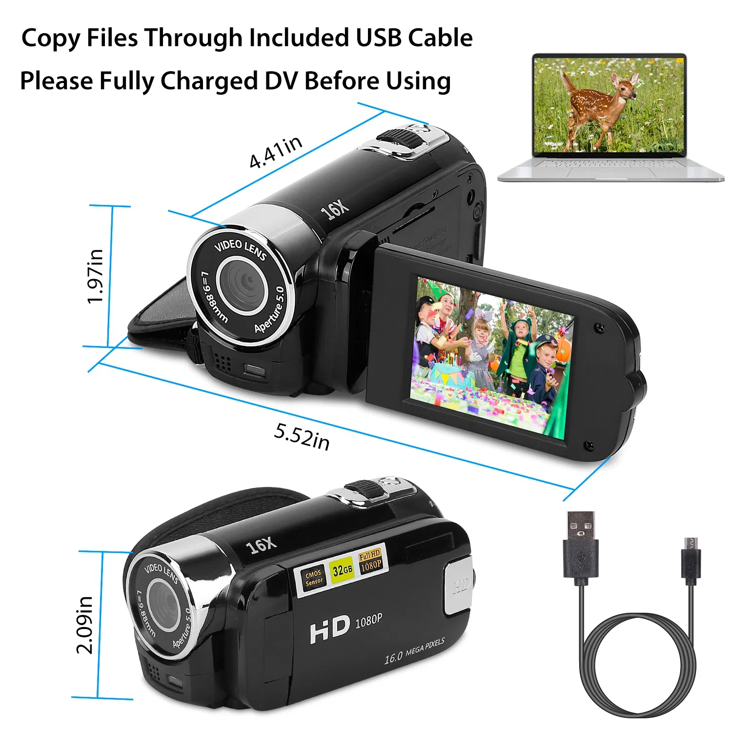 HD 1080P Digital Video Camcorder 2.7in 16X Zoom DV Camera 270° Rotation Rechargeable Kid Camera w/Fill Light Selfie photo 7