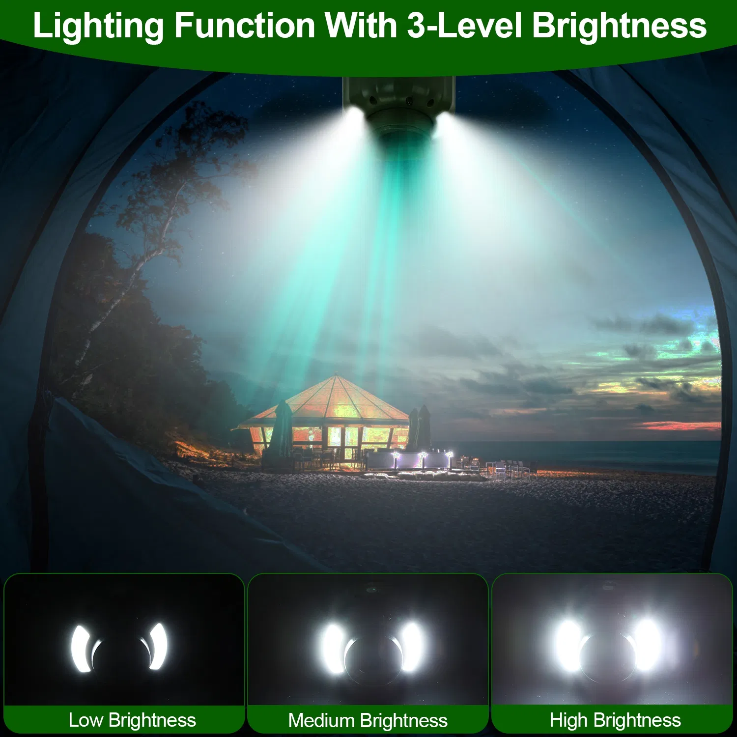 Rechargeable 3-in-1 Camping Fan, LED Lantern Hanging Fan with Large Capacity Battery, USB Power Bank, Low Noise & Timer Function for Outdoor Adventures photo 6