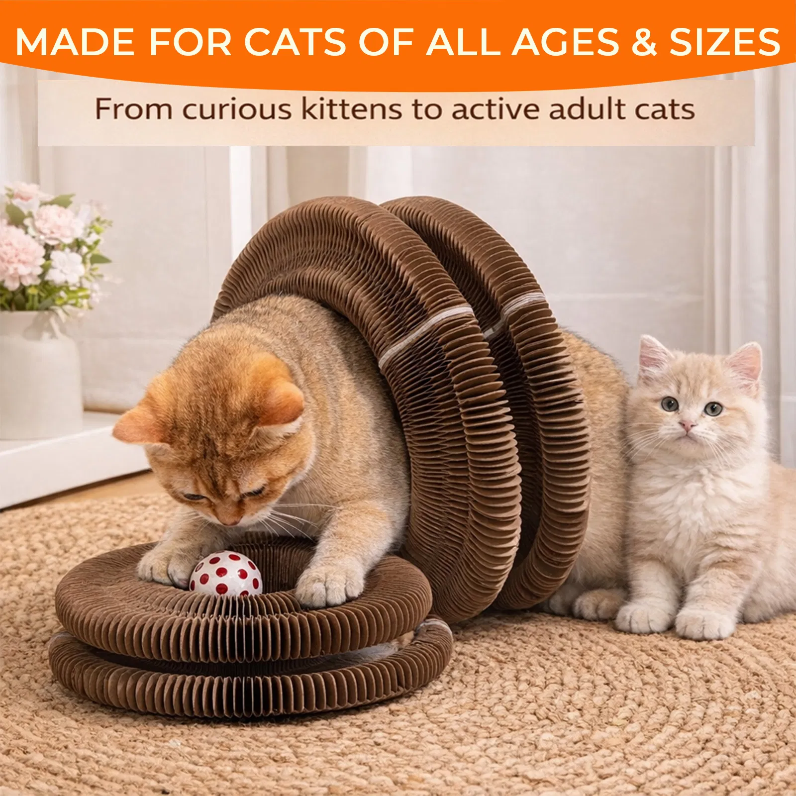 Kitty Curls Cat Toy - Foldable Accordion Cat Scratcher withBall - Magic Organ Cat Scratch Board for Interactive Play -Calming Features photo 7