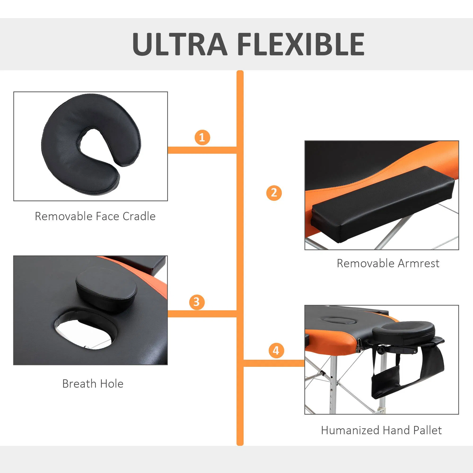 Portable Luxury: 73" 3 Section Foldable Salon Bed, Facial Couch in Black Orange for Spa Therapy Equipment photo 5