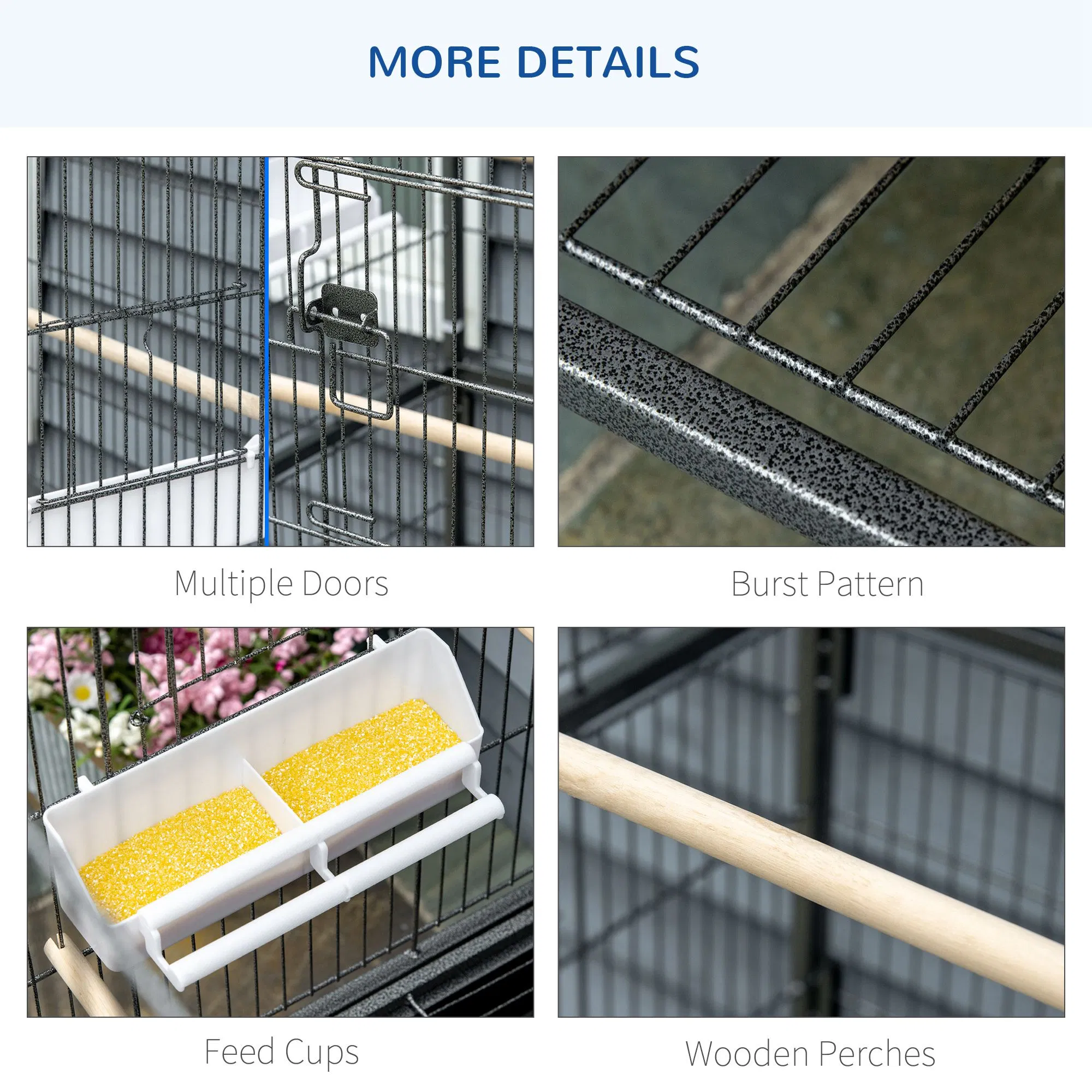 52'' Large Rolling Steel Bird Cage Bird House with Rolling Stand, Storage Shelf, Wood Perch, Food Container, Dark Grey photo 2