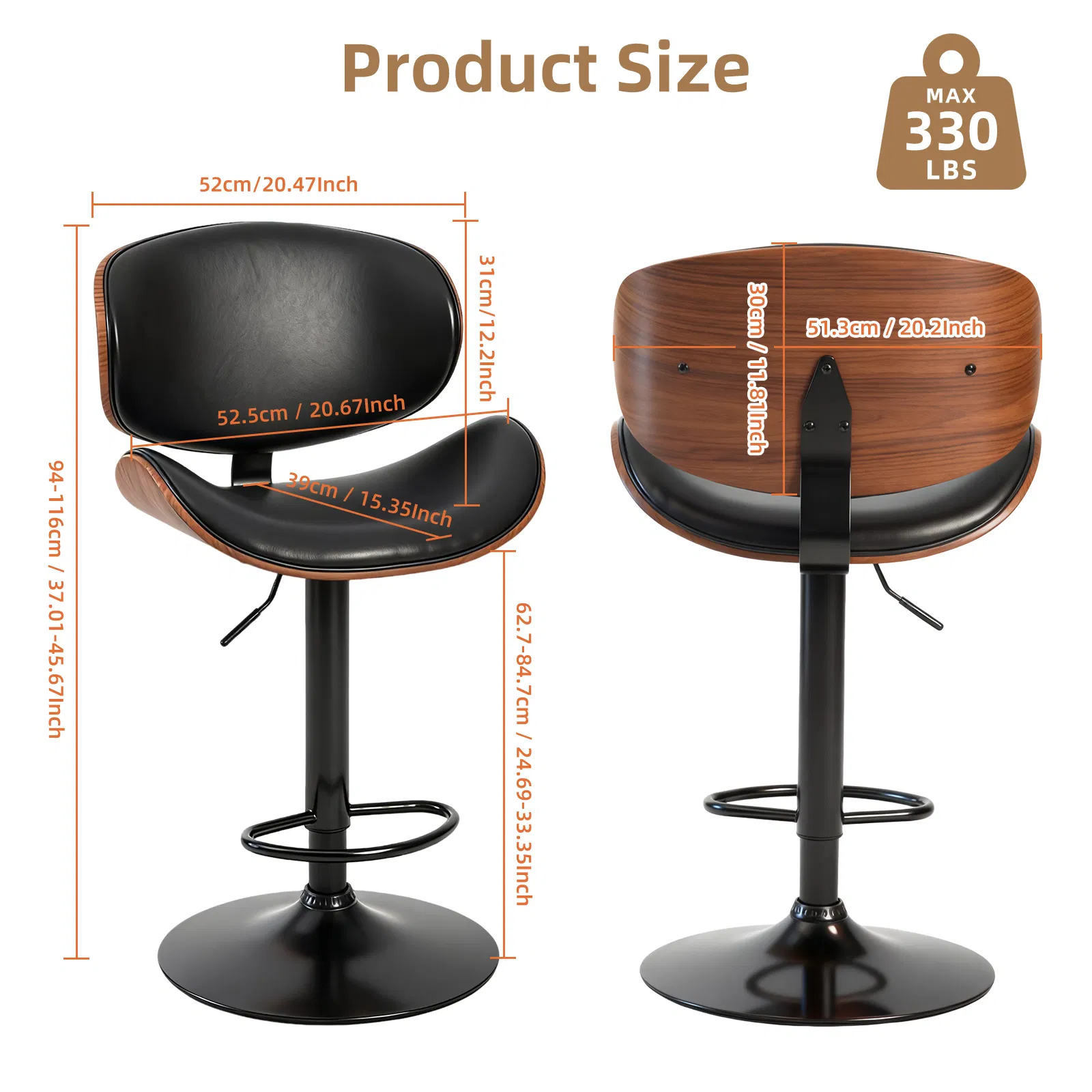 A set of 2 rotating bar stools with adjustable height, PU leather decorative chairs, backrests and footstools, and anti-slip rubber bases photo 6
