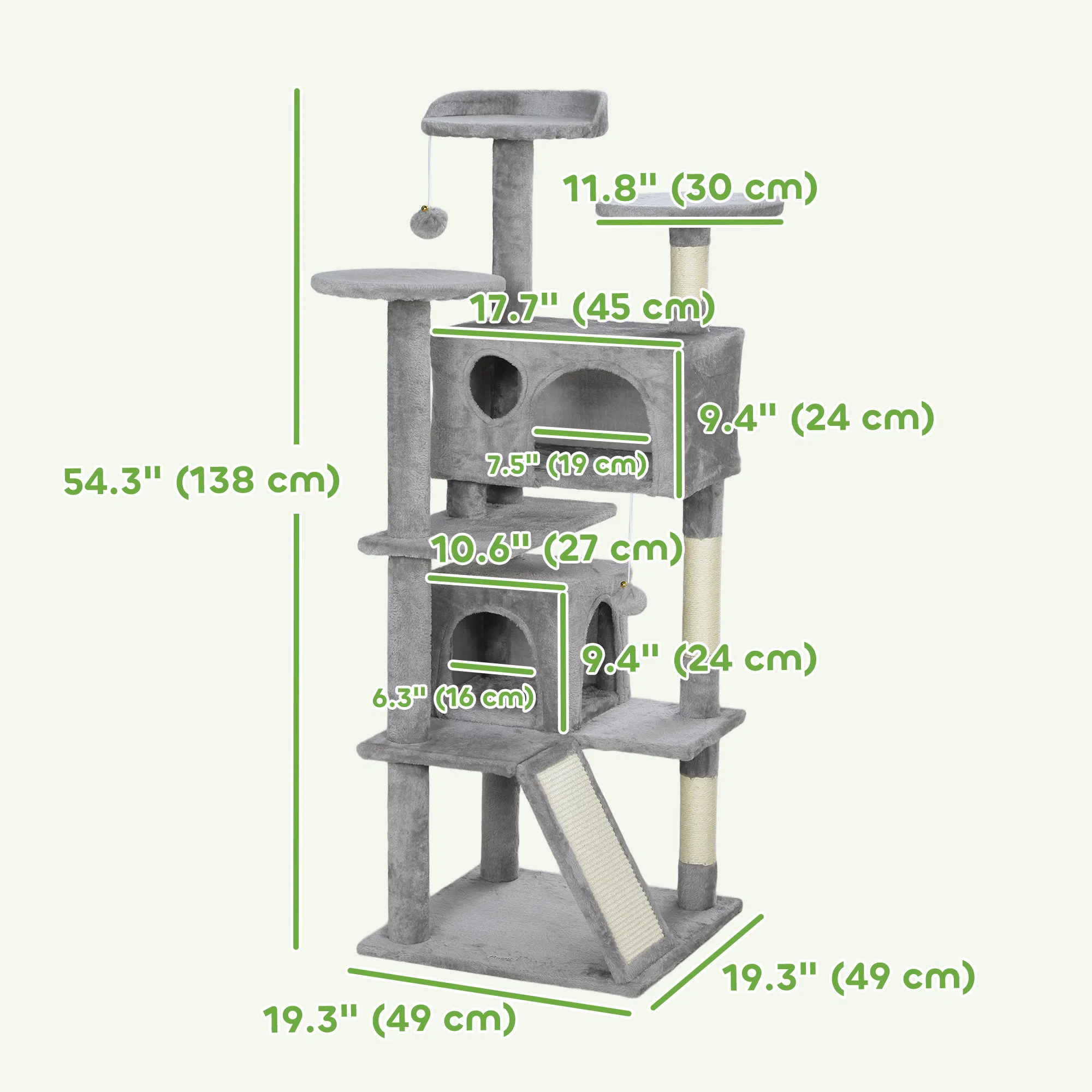 54" Cat Tree, Multi-Level Cat Tower with Scratching Posts, Cat Condos, Bed, Platforms, Ramp, Toy Ball, Light Grey photo 3