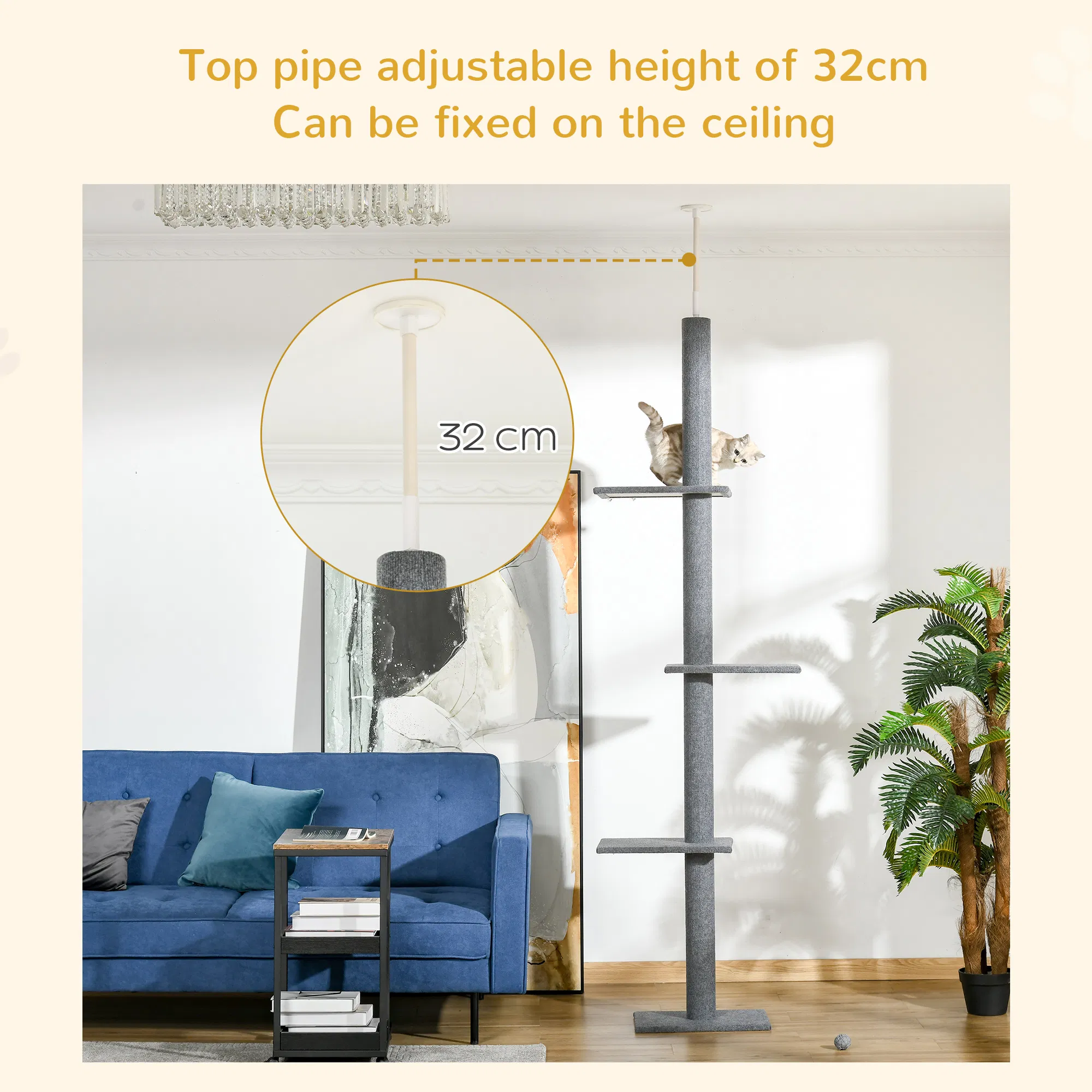 100" Floor To Ceiling Cat Tree w/ 3 Perches Activity Center for Kittens Cat Tower Furniture, Grey photo 4