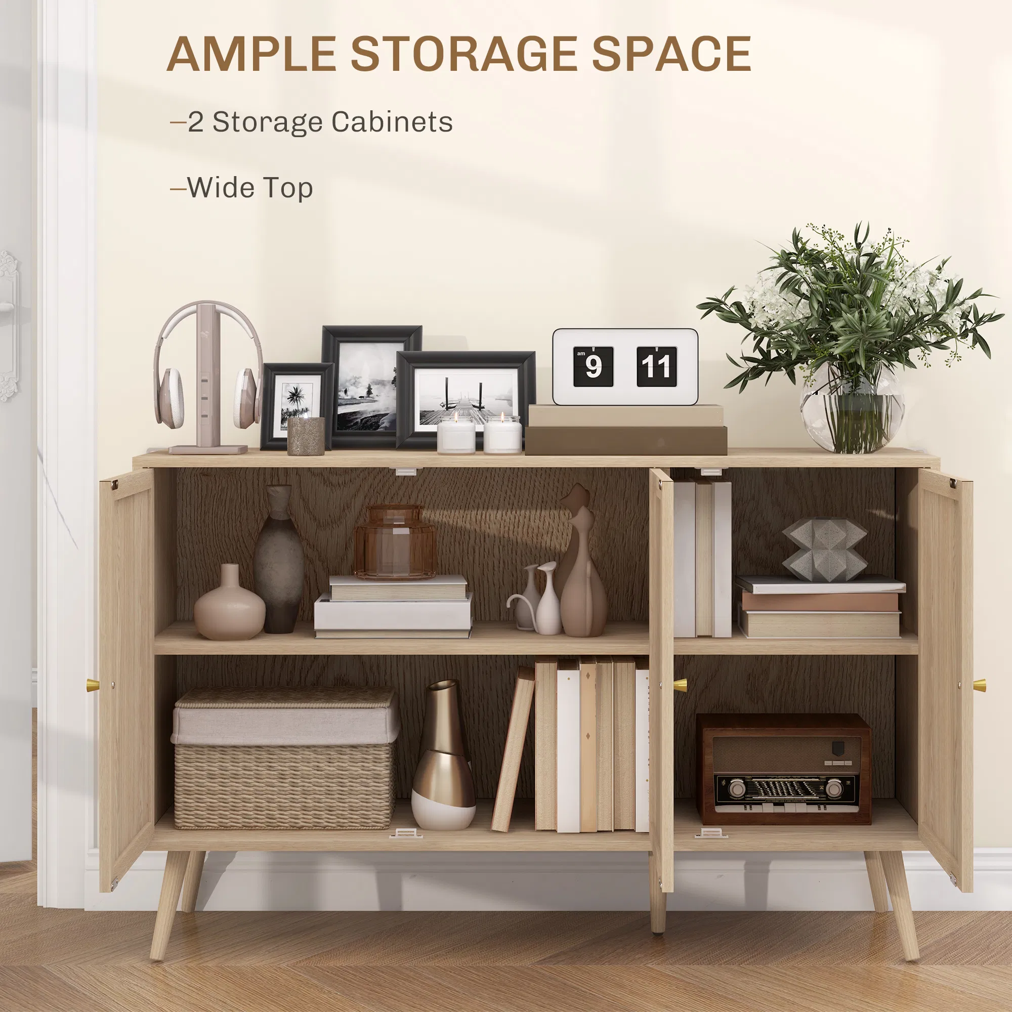 Kitchen Sideboard Cabinet, Boho Storage Cabinet with Shelves, Wood Legs, Decorative Rattan Doors, Natural photo 4