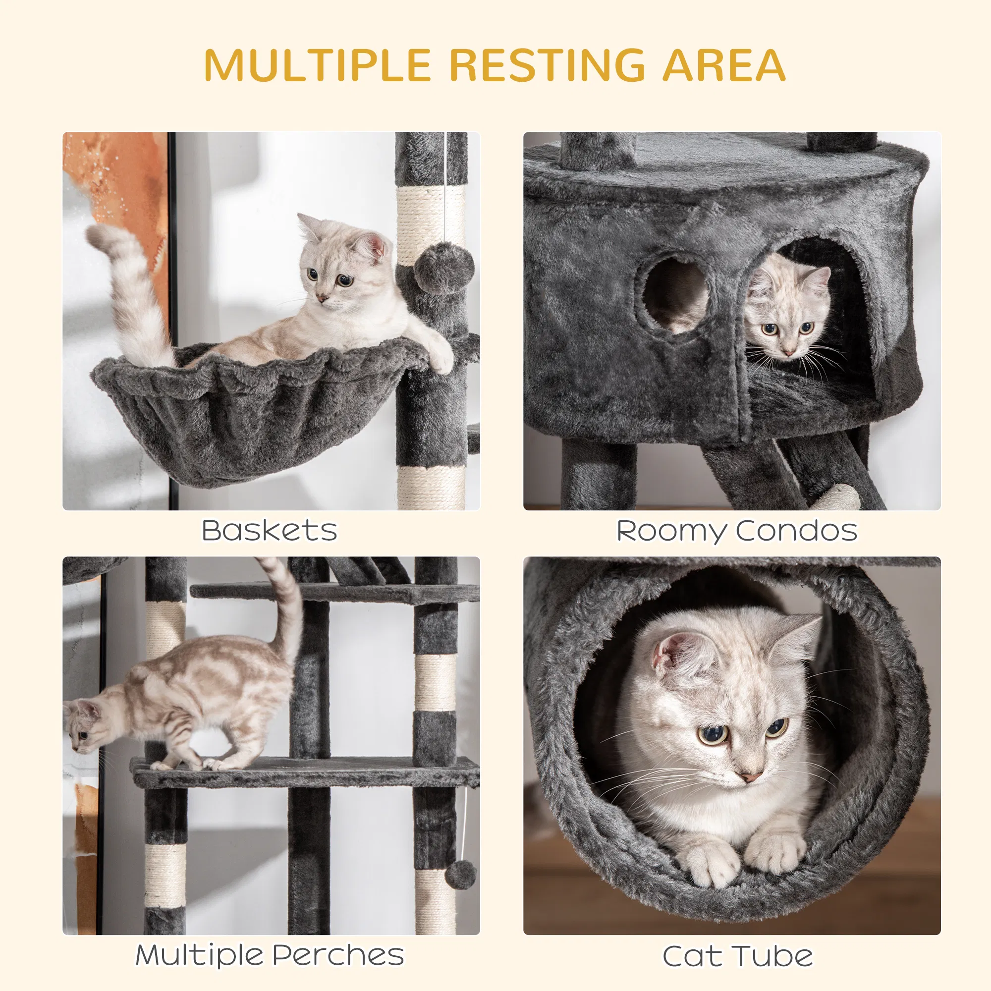 94"-102" Floor to Ceiling Cat Tree High Cat Condo Scratching Post Activity Center Multi-Level Play House Dark Grey photo 5