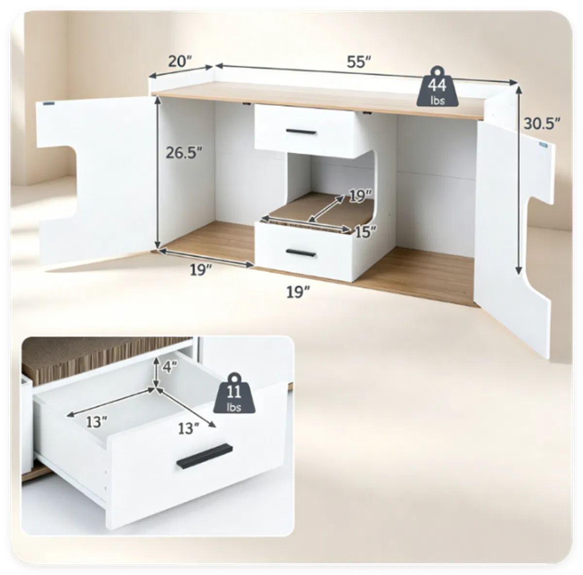 Large Cat Litter Box Enclosure Furniture with Storage Drawers & Built-In Scratching Board, Hidden Cat Washroom Cabinet with Anti-Tipping Kit for Living Room Bedroom photo 2